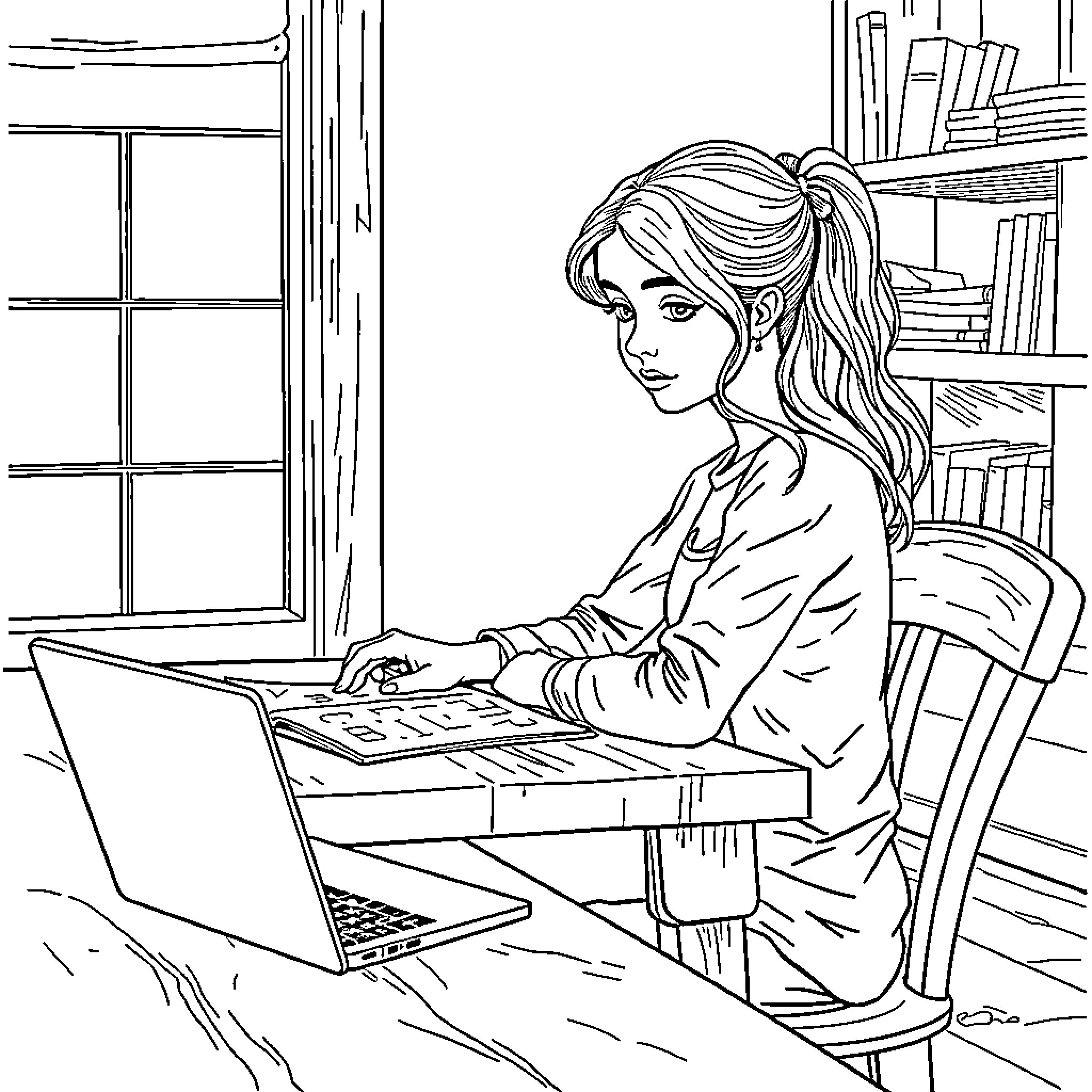 Girl working intently on her laptop in a cozy study Coloring Page (free black-and-white line drawing printable PDF for all, from beginners to advanced learners, including children, teens, adults, and seniors)