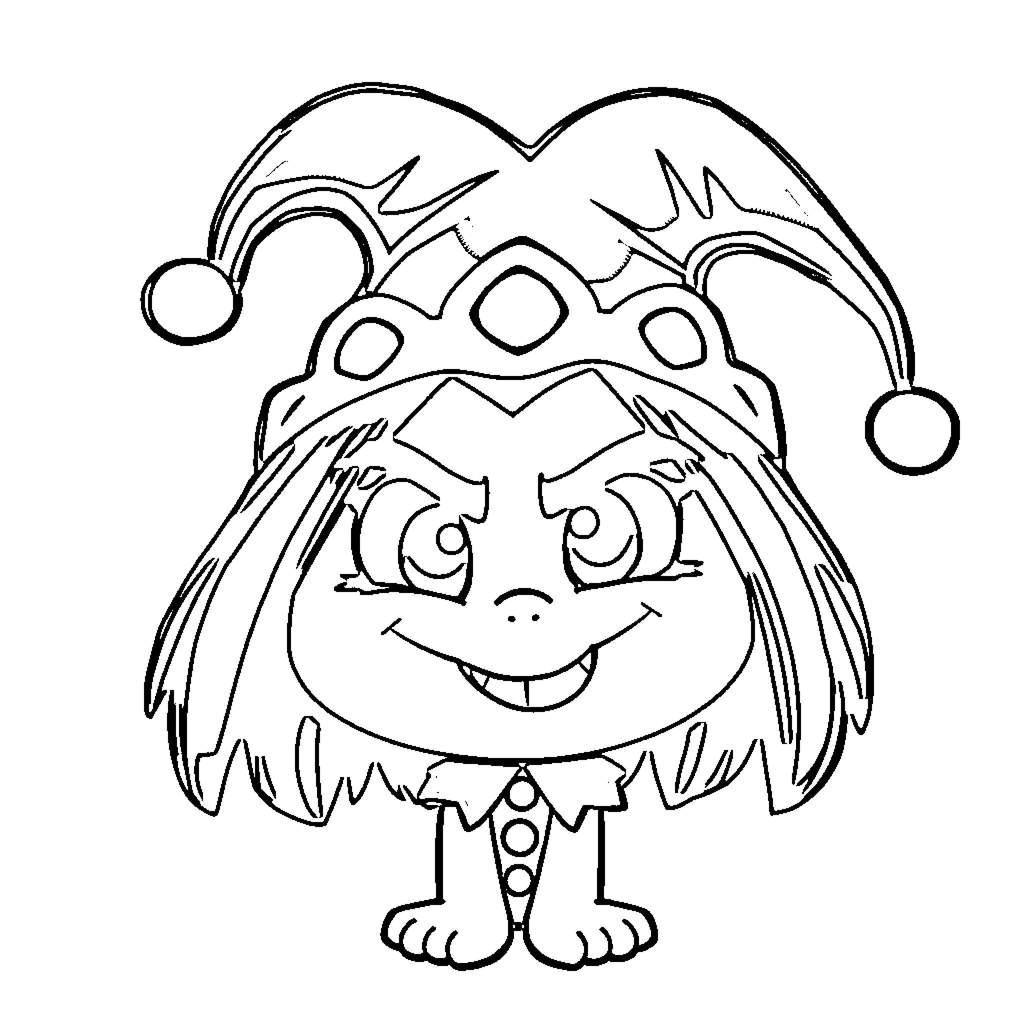 Kuromi in a silly jester outfit Coloring Page (free black-and-white line drawing printable PDF for all, from beginners to advanced learners, including children, teens, adults, and seniors)