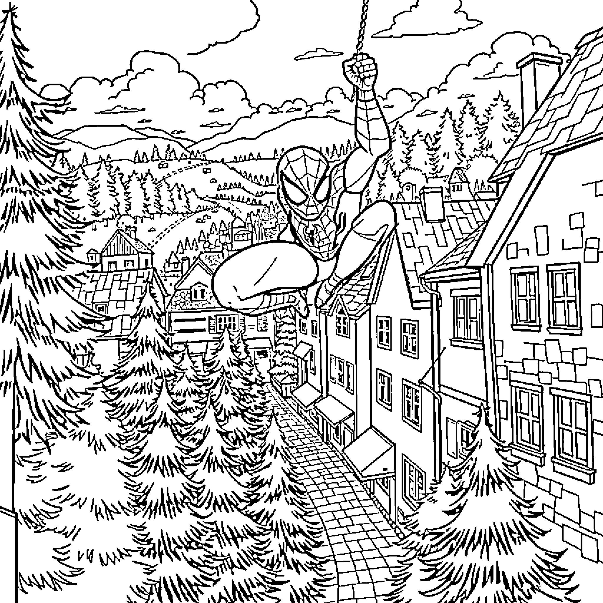 Spiderman swinging through a snowy winter town Coloring Page (free black-and-white line drawing printable PDF for all, from beginners to advanced learners, including children, teens, adults, and seniors)