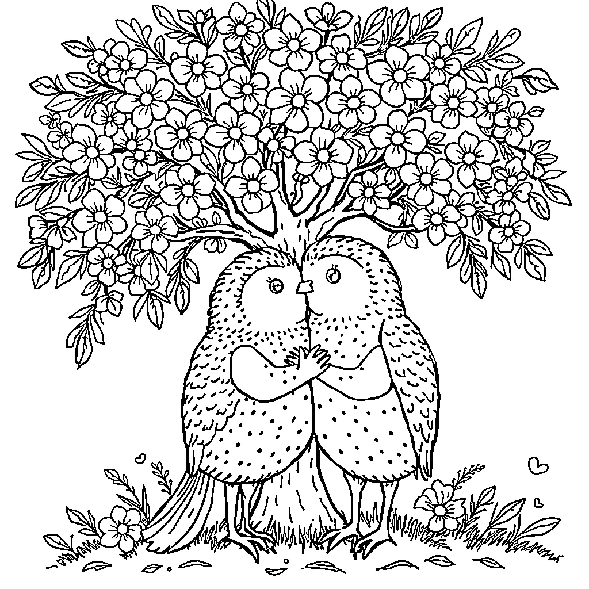 Bear couple embracing under flowering tree Coloring Page (free black-and-white line drawing printable PDF for all, from beginners to advanced learners, including children, teens, adults, and seniors)