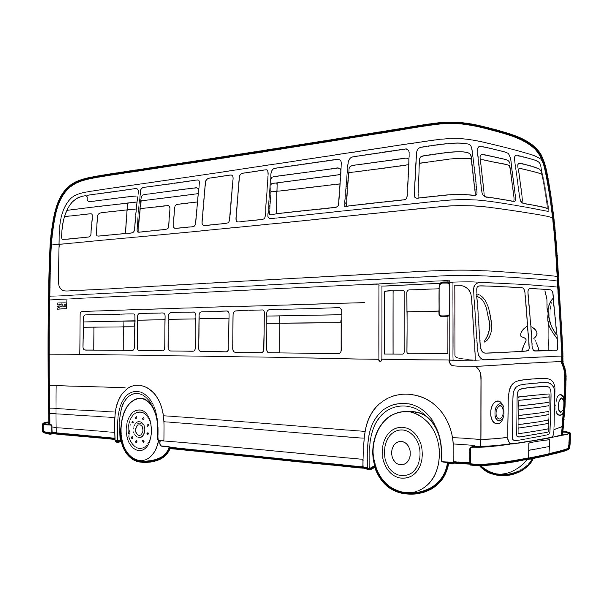Bus with double-decker design Coloring Page (free black-and-white line drawing printable PDF for all, from beginners to advanced learners, including children, teens, adults, and seniors)