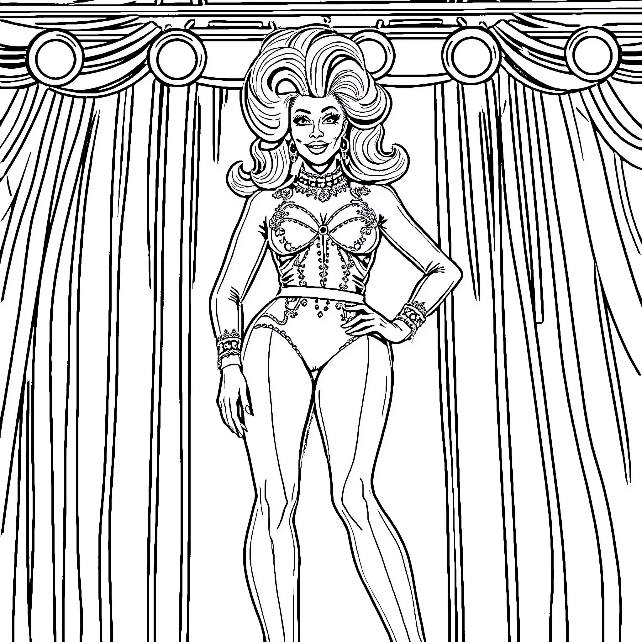 RuPaul's Glamorous Stage Presence Coloring Page (free black-and-white line drawing printable PDF for all, from beginners to advanced learners, including children, teens, adults, and seniors)