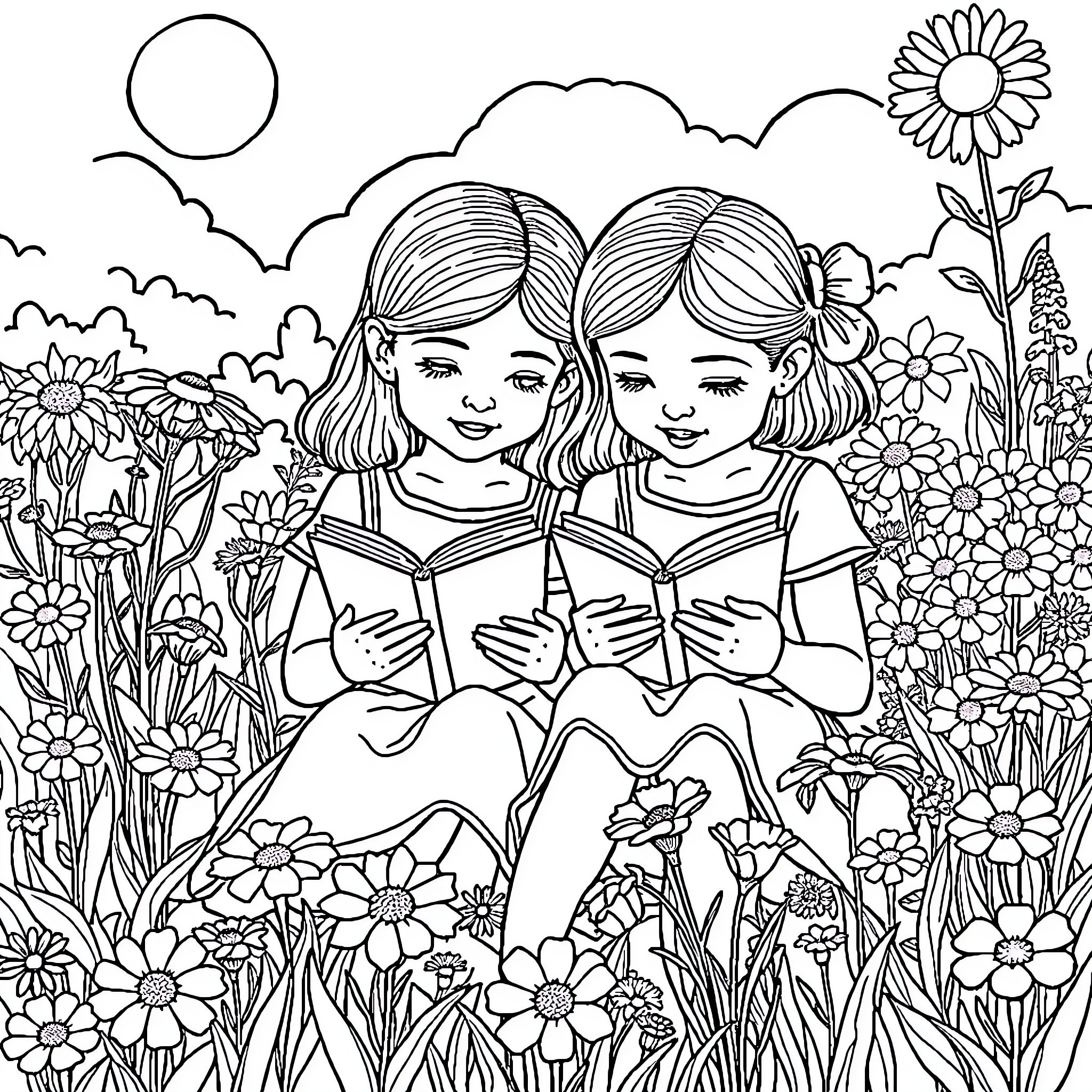 Sister reading books together in a flower garden Coloring Page (free black-and-white line drawing printable PDF for all, from beginners to advanced learners, including children, teens, adults, and seniors)