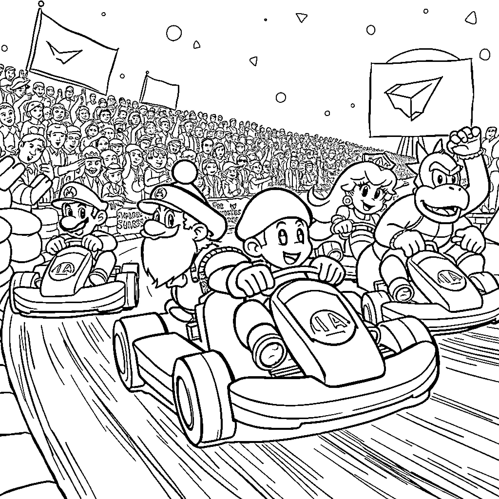 Mario and Friends Enjoying Amusement Park Rides Coloring Page (free black-and-white line drawing printable PDF for all, from beginners to advanced learners, including children, teens, adults, and seniors)
