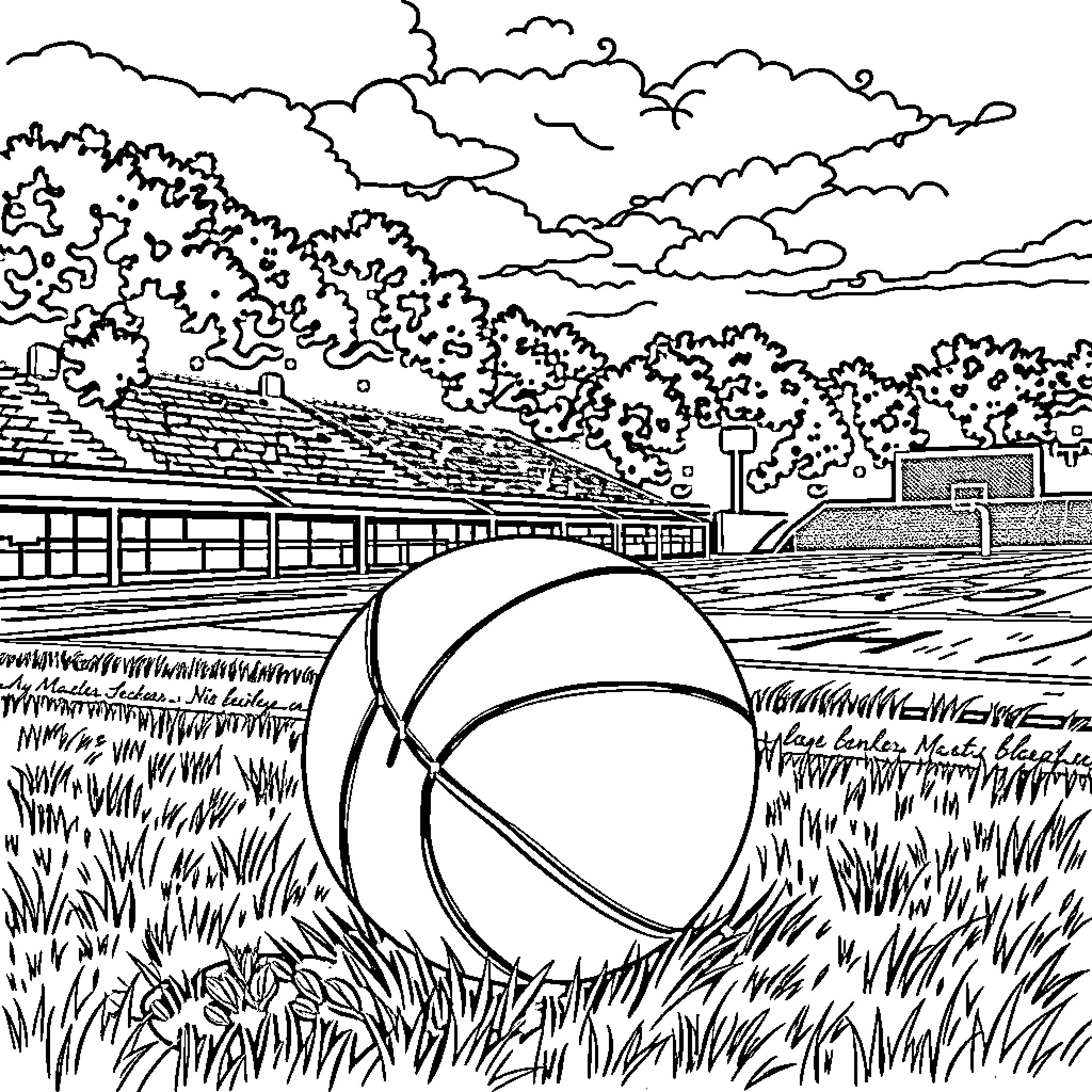 Basketball on the grassy field near the school buildings Coloring Page (free black-and-white line drawing printable PDF for all, from beginners to advanced learners, including children, teens, adults, and seniors)