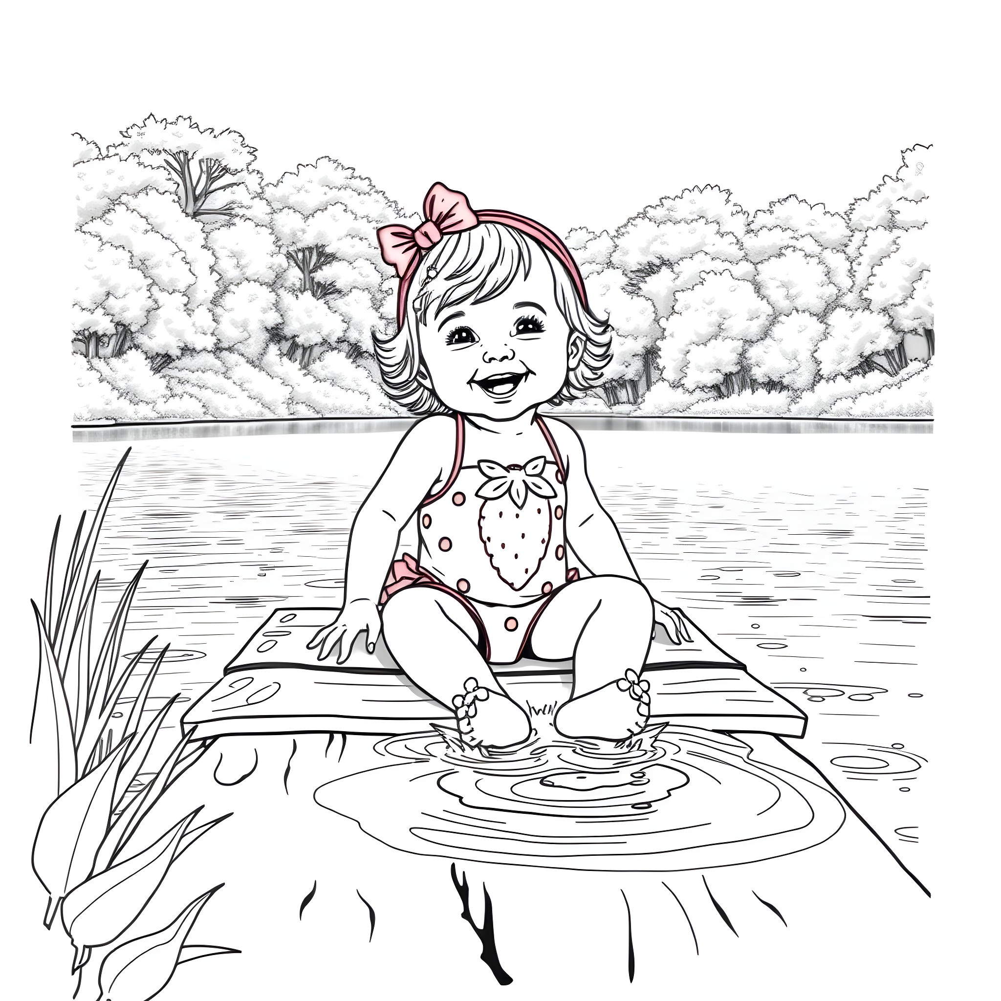 Baby Girl Enjoying a Summer Day by the Lake Coloring Page (free black-and-white line drawing printable PDF for all, from beginners to advanced learners, including children, teens, adults, and seniors)