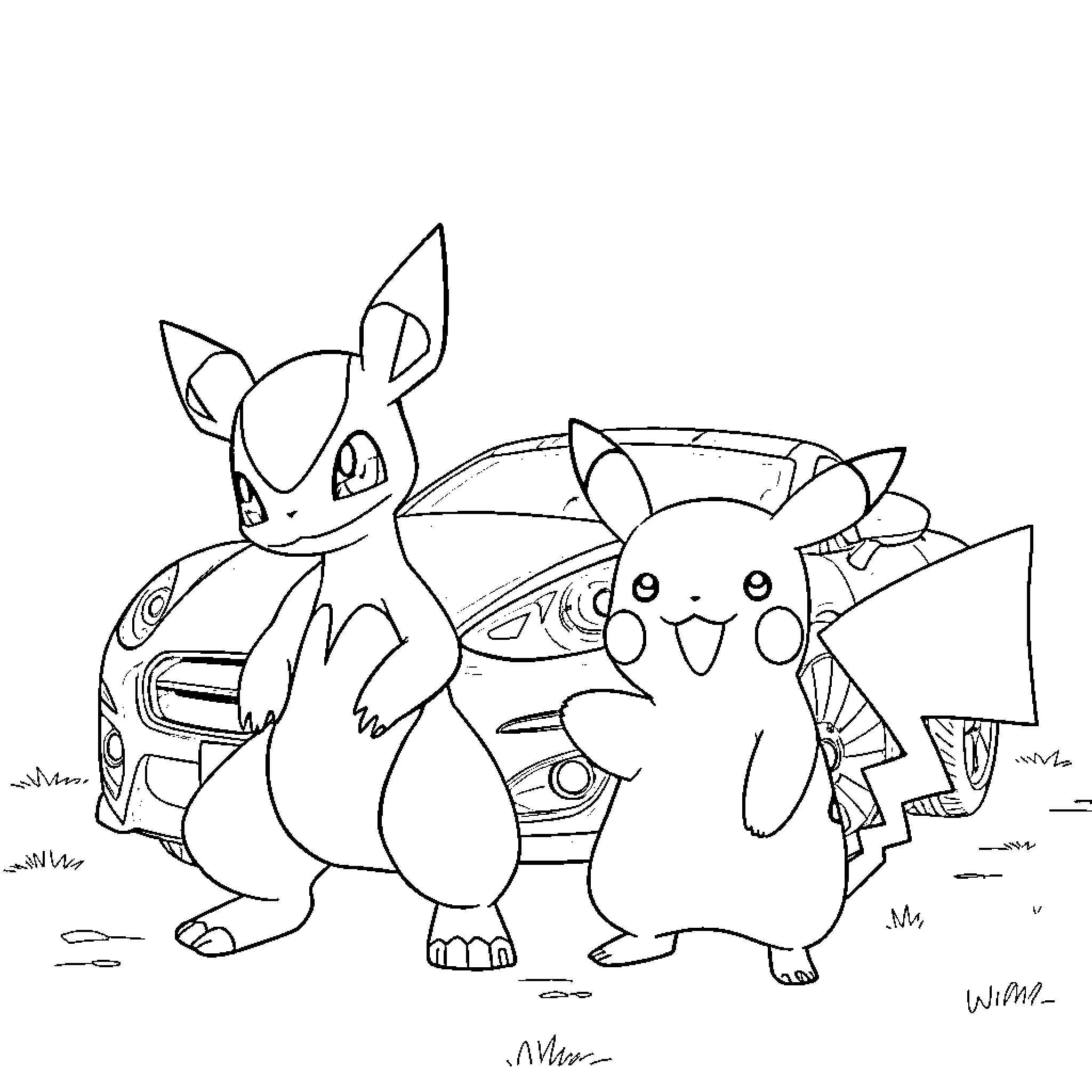 Lucario and Pikachu in an animated scene Coloring Page (free black-and-white line drawing printable PDF for all, from beginners to advanced learners, including children, teens, adults, and seniors)