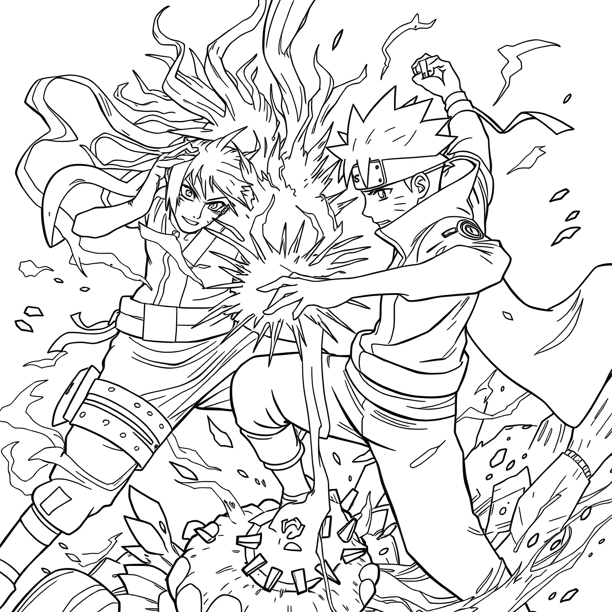 Naruto characters in fierce battle with explosive energy Coloring Page (free black-and-white line drawing printable PDF for all, from beginners to advanced learners, including children, teens, adults, and seniors)