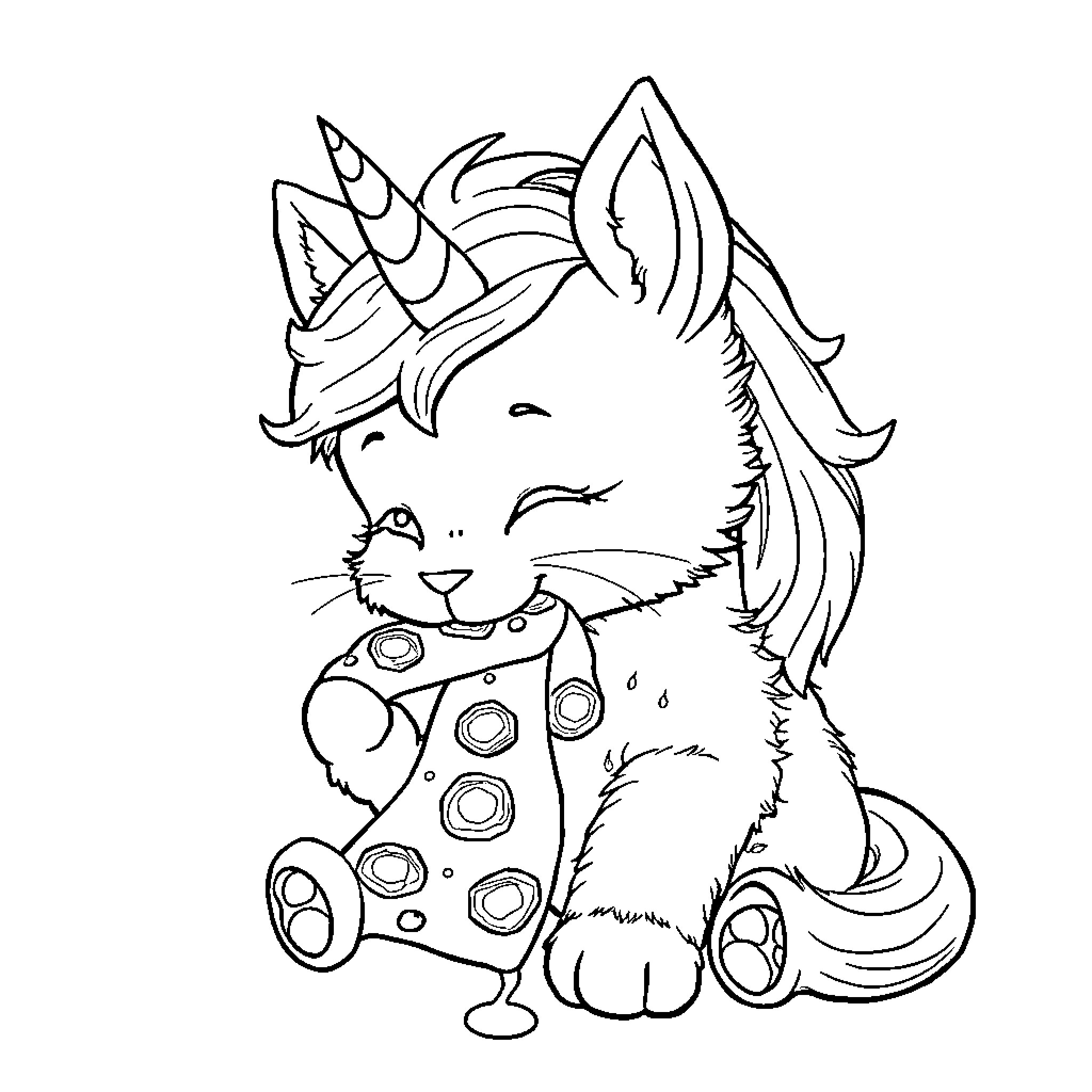 Unicorn Kitten playing with a plush toy Coloring Page (free black-and-white line drawing printable PDF for all, from beginners to advanced learners, including children, teens, adults, and seniors)