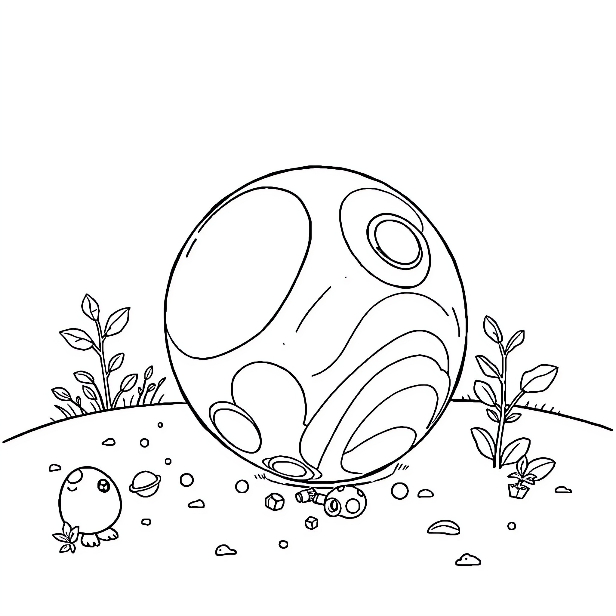 Katamari exploring whimsical landscape with plants Coloring Page (free black-and-white line drawing printable PDF for all, from beginners to advanced learners, including children, teens, adults, and seniors)