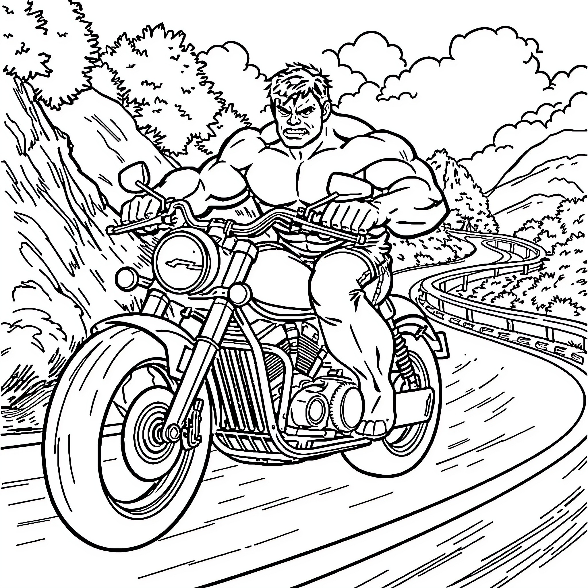 Hulk riding motorcycle through wilderness landscape Coloring Page (free black-and-white line drawing printable PDF for all, from beginners to advanced learners, including children, teens, adults, and seniors)
