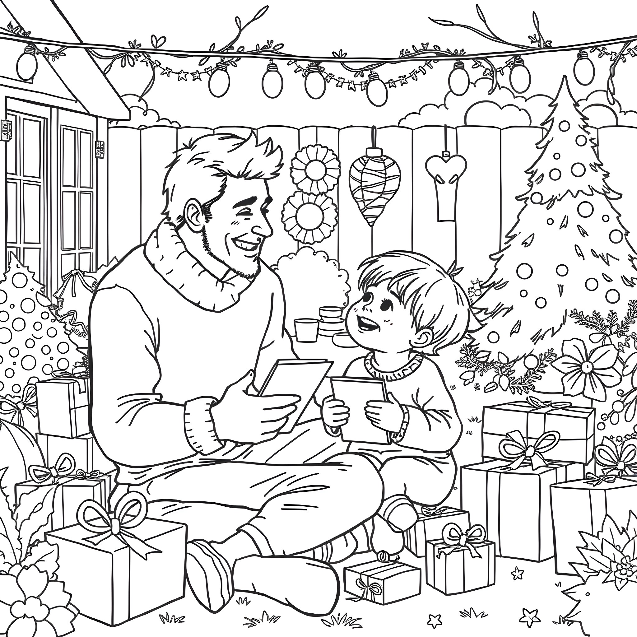 Father Spending Quality Time with Son on Christmas Coloring Page (free black-and-white line drawing printable PDF for all, from beginners to advanced learners, including children, teens, adults, and seniors)