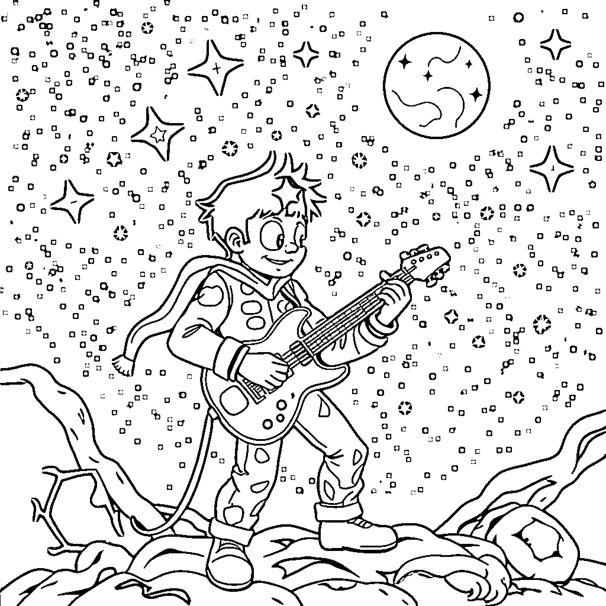 Astro Dandy plays guitar in the starry night Coloring Page (free black-and-white line drawing printable PDF for all, from beginners to advanced learners, including children, teens, adults, and seniors)