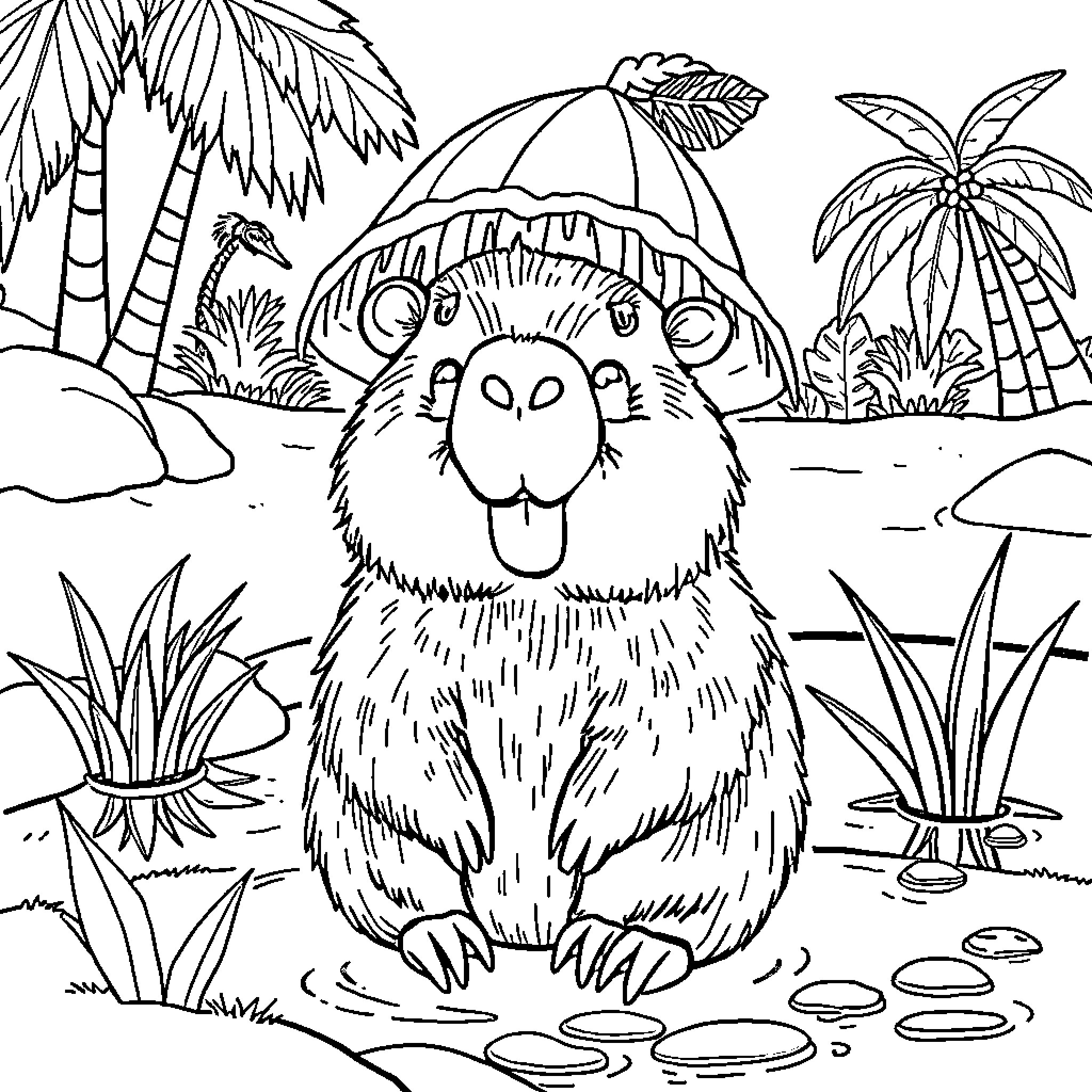 Capybara enjoying a tropical beach scene Coloring Page (free black-and-white line drawing printable PDF for all, from beginners to advanced learners, including children, teens, adults, and seniors)
