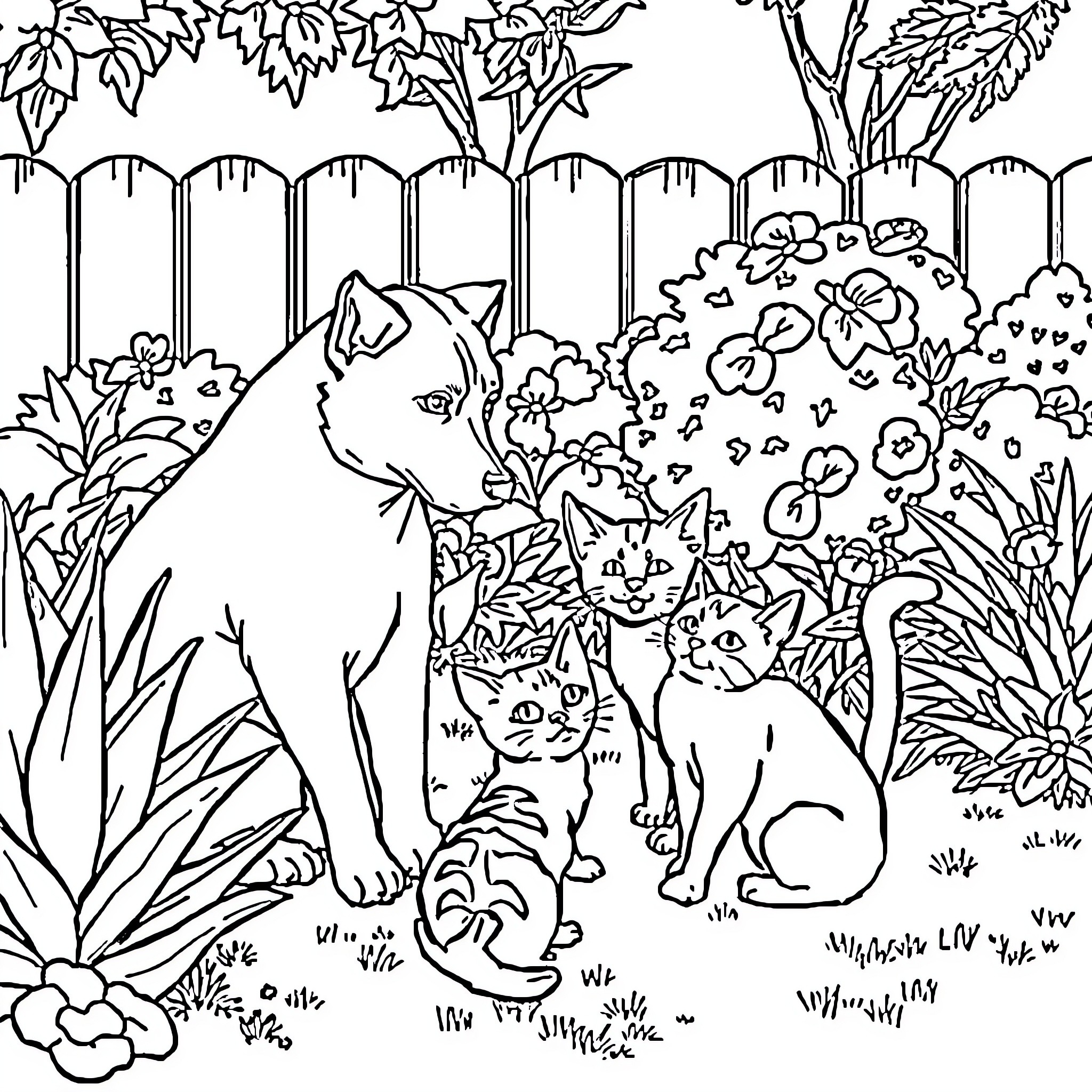 Dog and Cat Playing in a Floral Garden Coloring Page (free black-and-white line drawing printable PDF for all, from beginners to advanced learners, including children, teens, adults, and seniors)