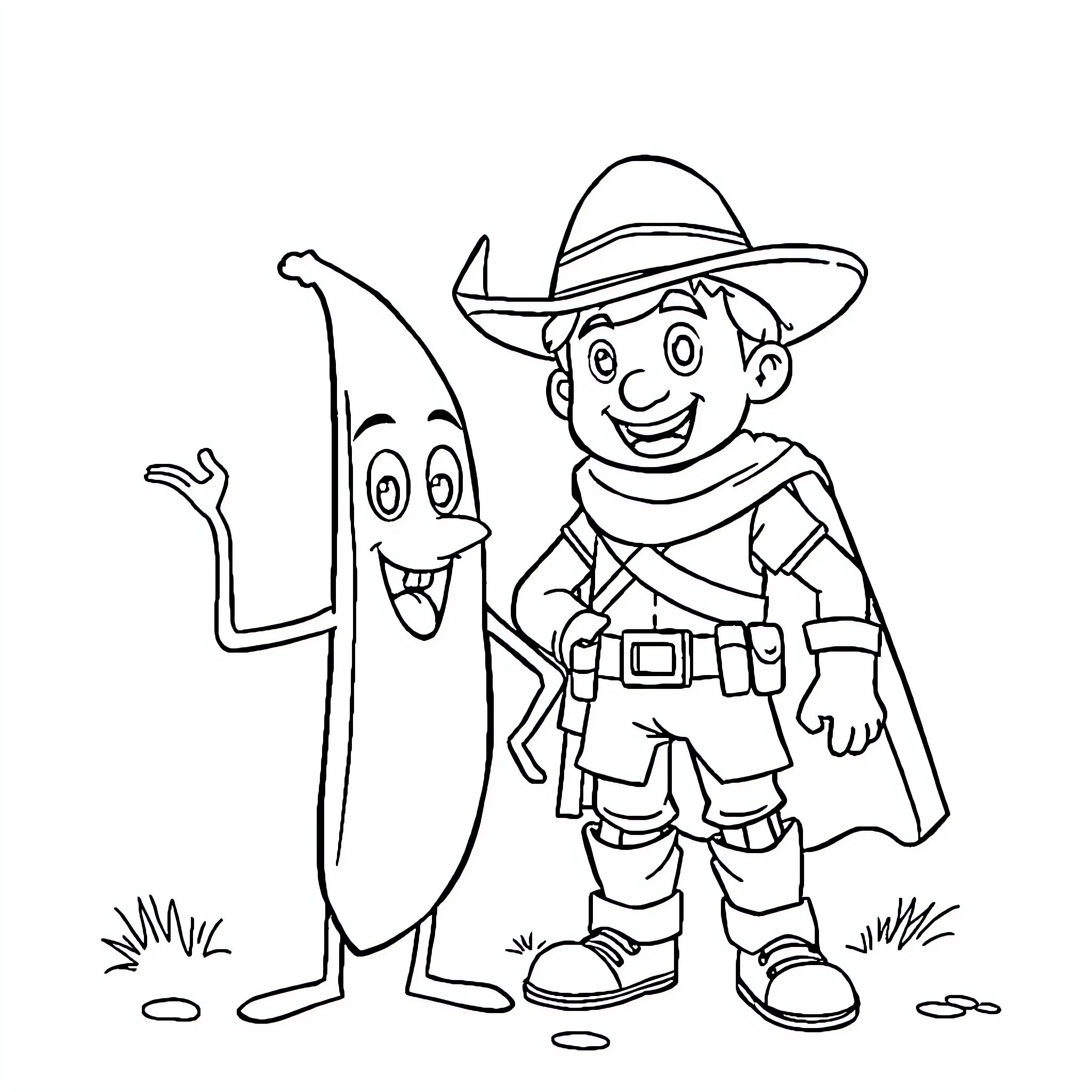 Peely the Adventurous Banana Companion Coloring Page (free black-and-white line drawing printable PDF for all, from beginners to advanced learners, including children, teens, adults, and seniors)