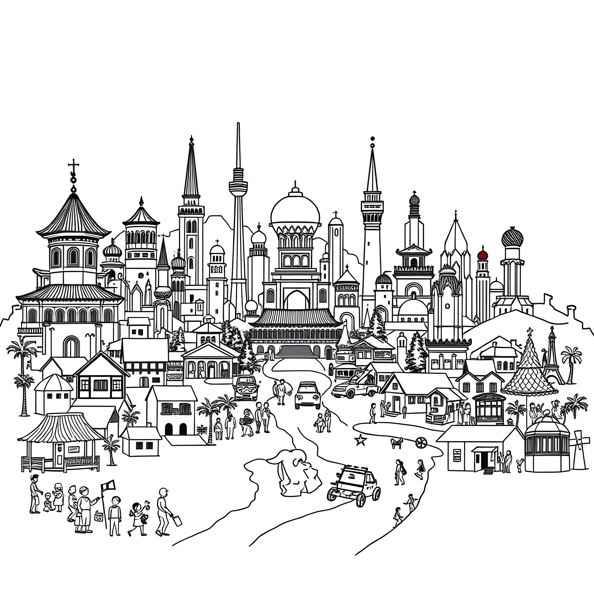 Picture of a bustling city filled with various architectural landmarks Coloring Page (free black-and-white line drawing printable PDF for all, from beginners to advanced learners, including children, teens, adults, and seniors)