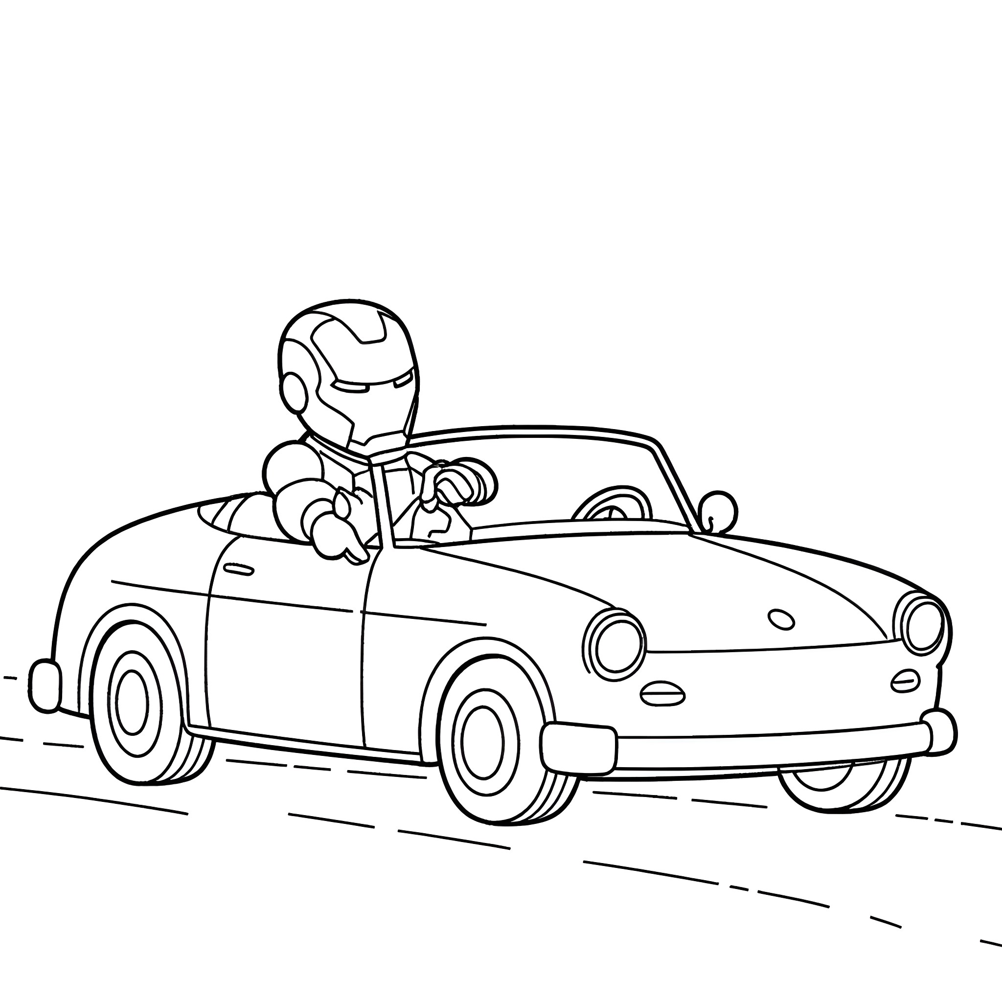 Ironman driving a sports car with style Coloring Page (free black-and-white line drawing printable PDF for all, from beginners to advanced learners, including children, teens, adults, and seniors)