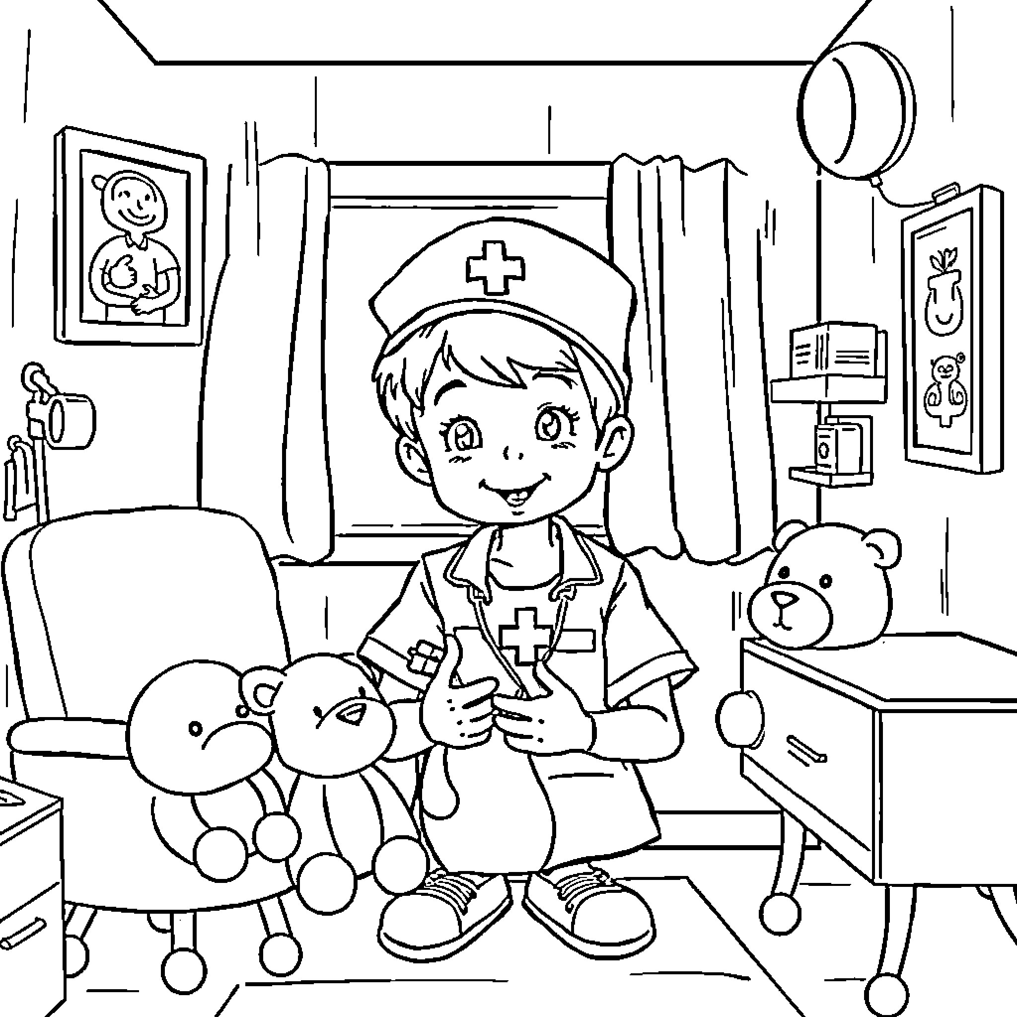 Nurse caring for patients in a hospital room Coloring Page (free black-and-white line drawing printable PDF for all, from beginners to advanced learners, including children, teens, adults, and seniors)