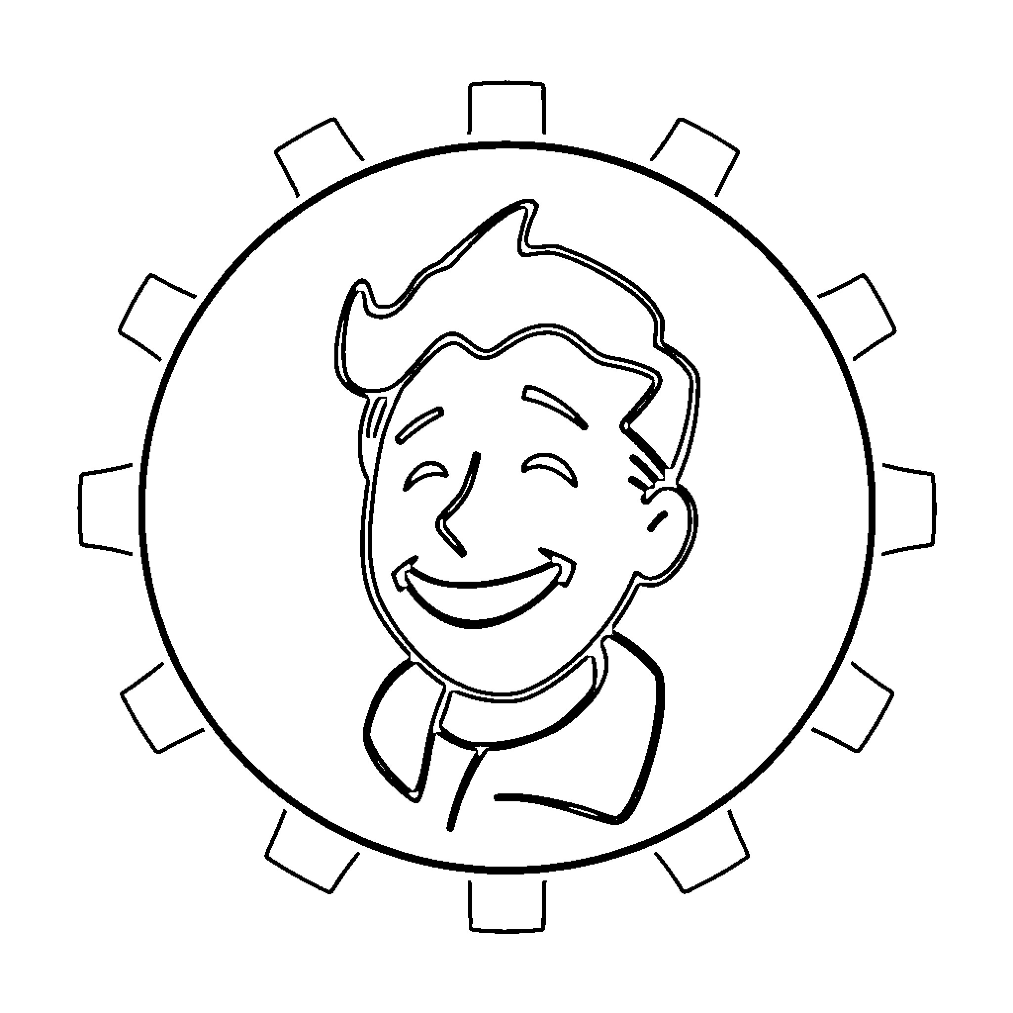 Fallout boy in a gear-shaped frame Coloring Page (free black-and-white line drawing printable PDF for all, from beginners to advanced learners, including children, teens, adults, and seniors)