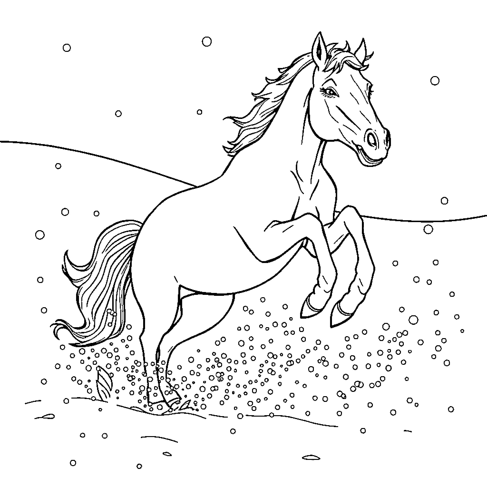 Horse galloping through snowy landscape Coloring Page (free black-and-white line drawing printable PDF for all, from beginners to advanced learners, including children, teens, adults, and seniors)