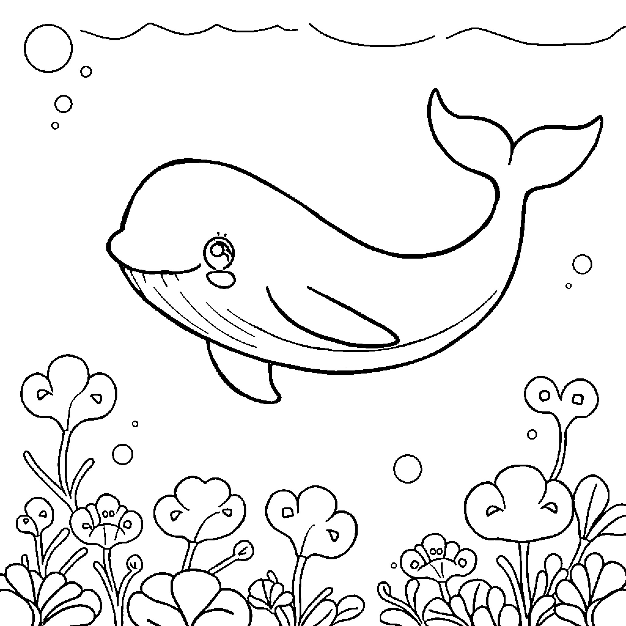 Whale swimming joyfully among flowers and bubbles Coloring Page (free black-and-white line drawing printable PDF for all, from beginners to advanced learners, including children, teens, adults, and seniors)