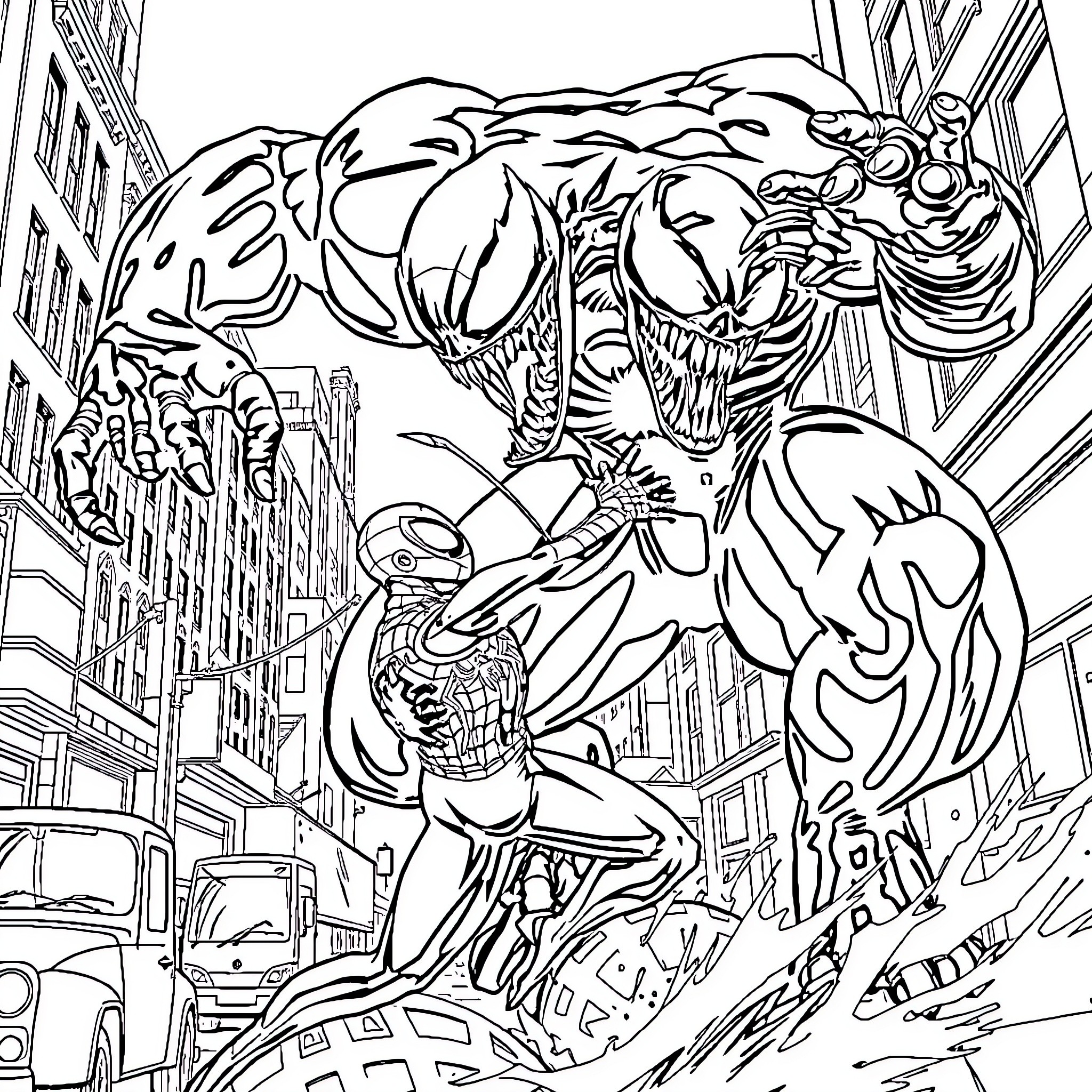 Venom unleashing chaos in the city Coloring Page (free black-and-white line drawing printable PDF for all, from beginners to advanced learners, including children, teens, adults, and seniors)