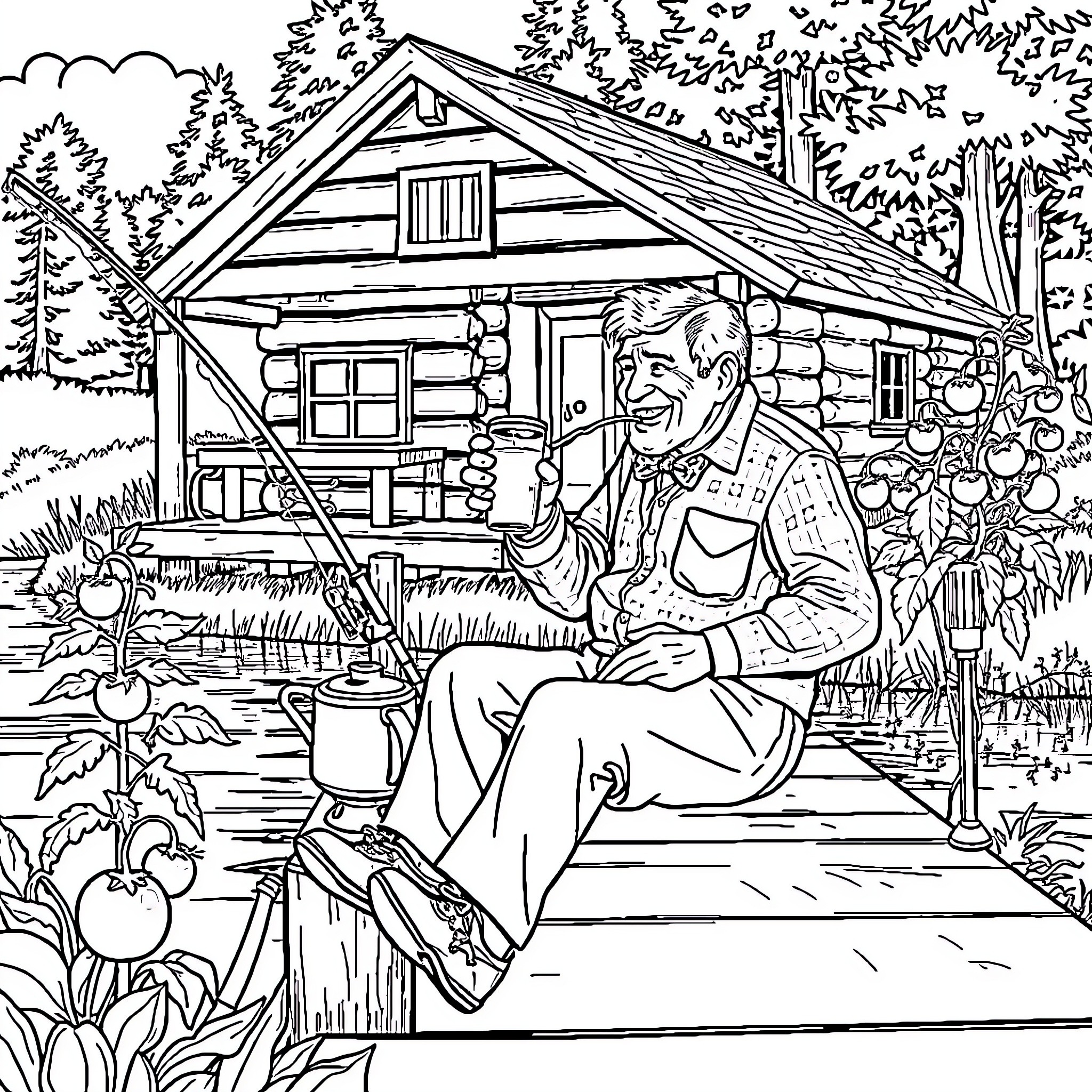 Grandpa relaxing on porch of rustic cabin in the woods Coloring Page (free black-and-white line drawing printable PDF for all, from beginners to advanced learners, including children, teens, adults, and seniors)