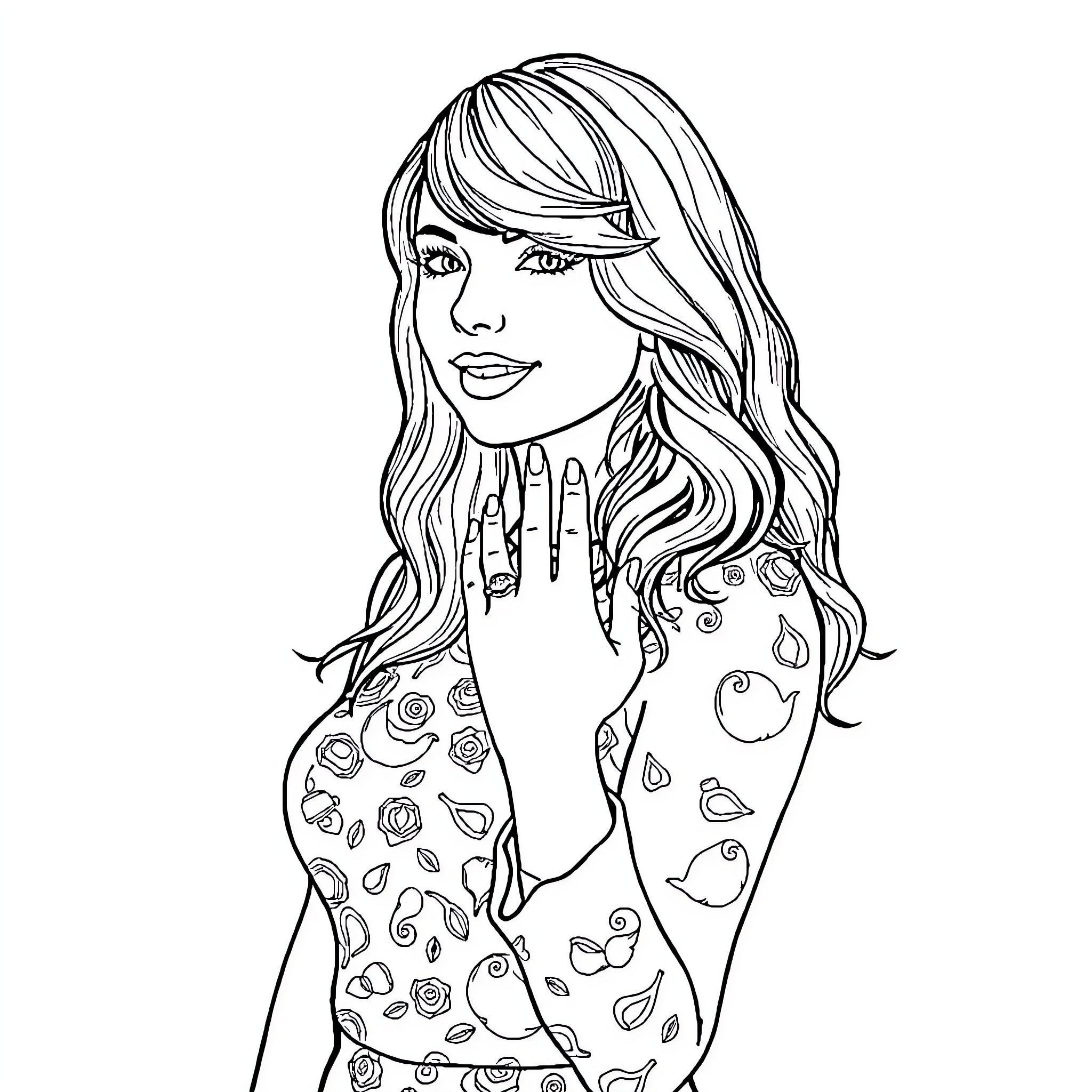 Taylor Swift posing with stylish outfit Coloring Page (free black-and-white line drawing printable PDF for all, from beginners to advanced learners, including children, teens, adults, and seniors)