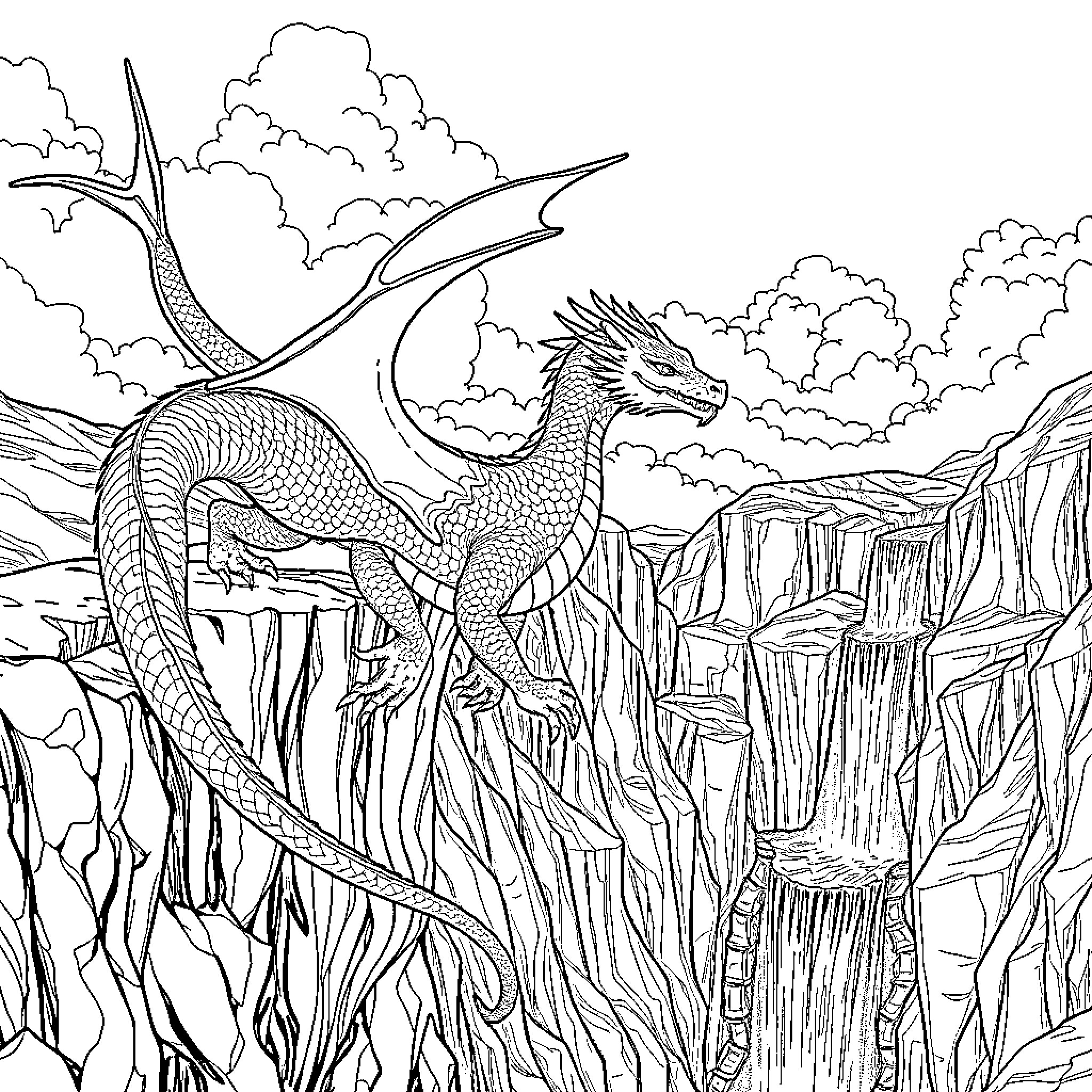 Dragon soaring through majestic mountainous landscape Coloring Page (free black-and-white line drawing printable PDF for all, from beginners to advanced learners, including children, teens, adults, and seniors)