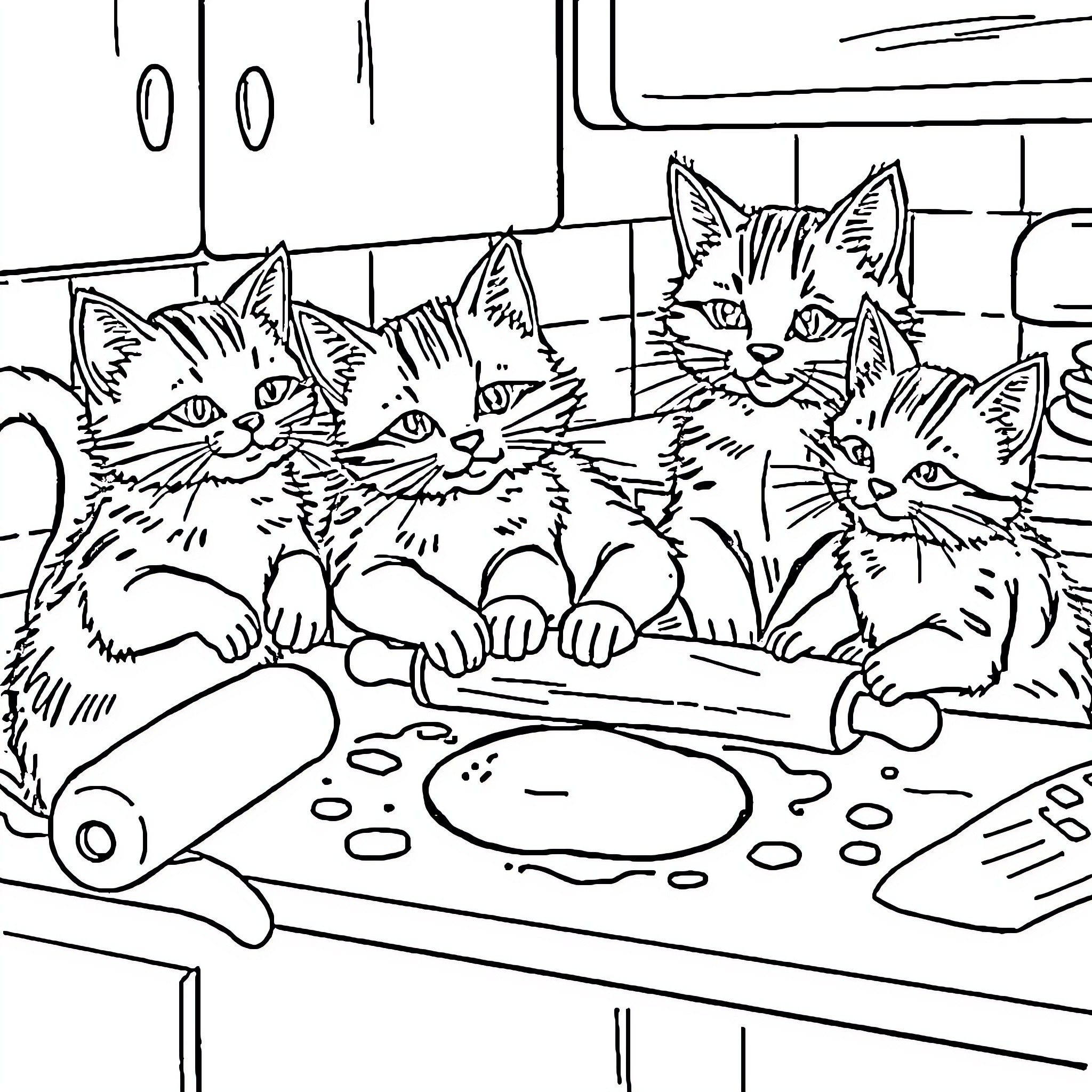 Cat kittens playing together on counter Coloring Page (free black-and-white line drawing printable PDF for all, from beginners to advanced learners, including children, teens, adults, and seniors)