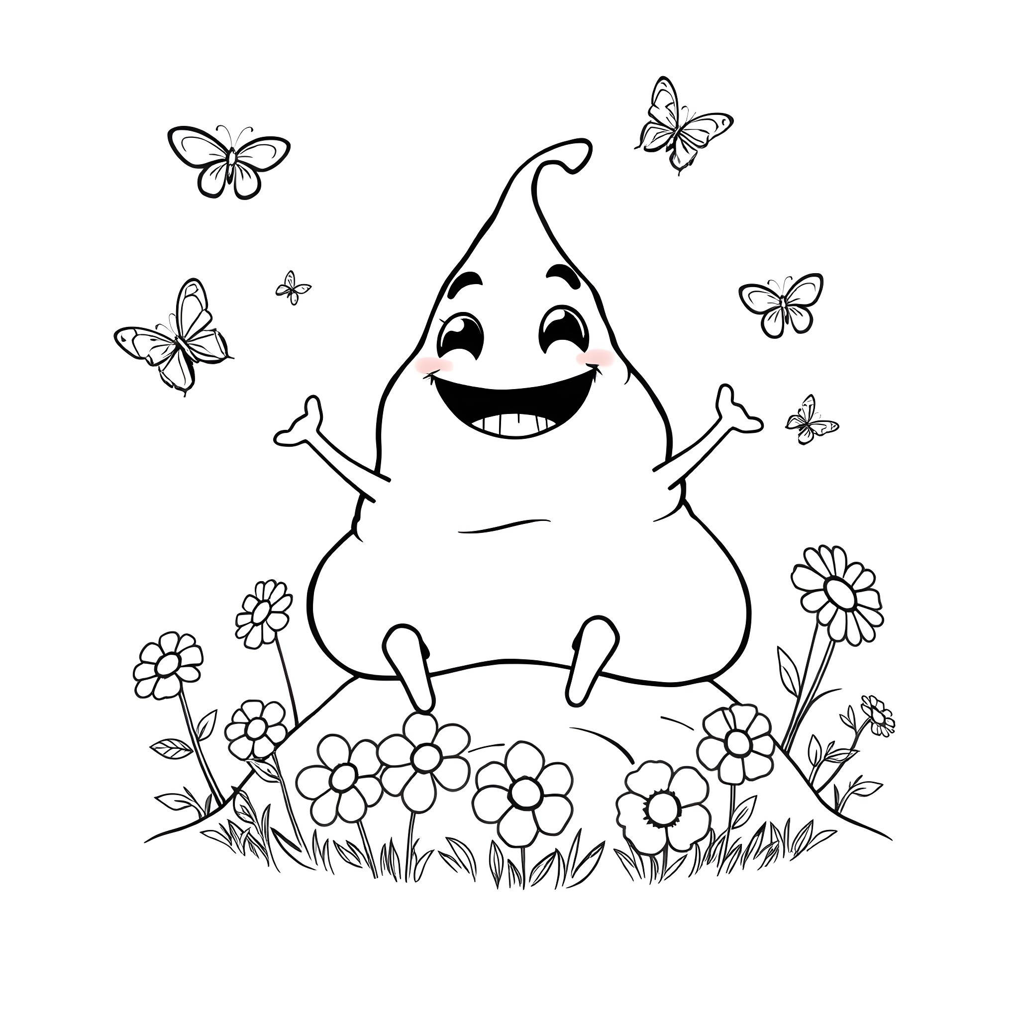 Poop happily surrounded by butterflies and flowers Coloring Page (free black-and-white line drawing printable PDF for all, from beginners to advanced learners, including children, teens, adults, and seniors)