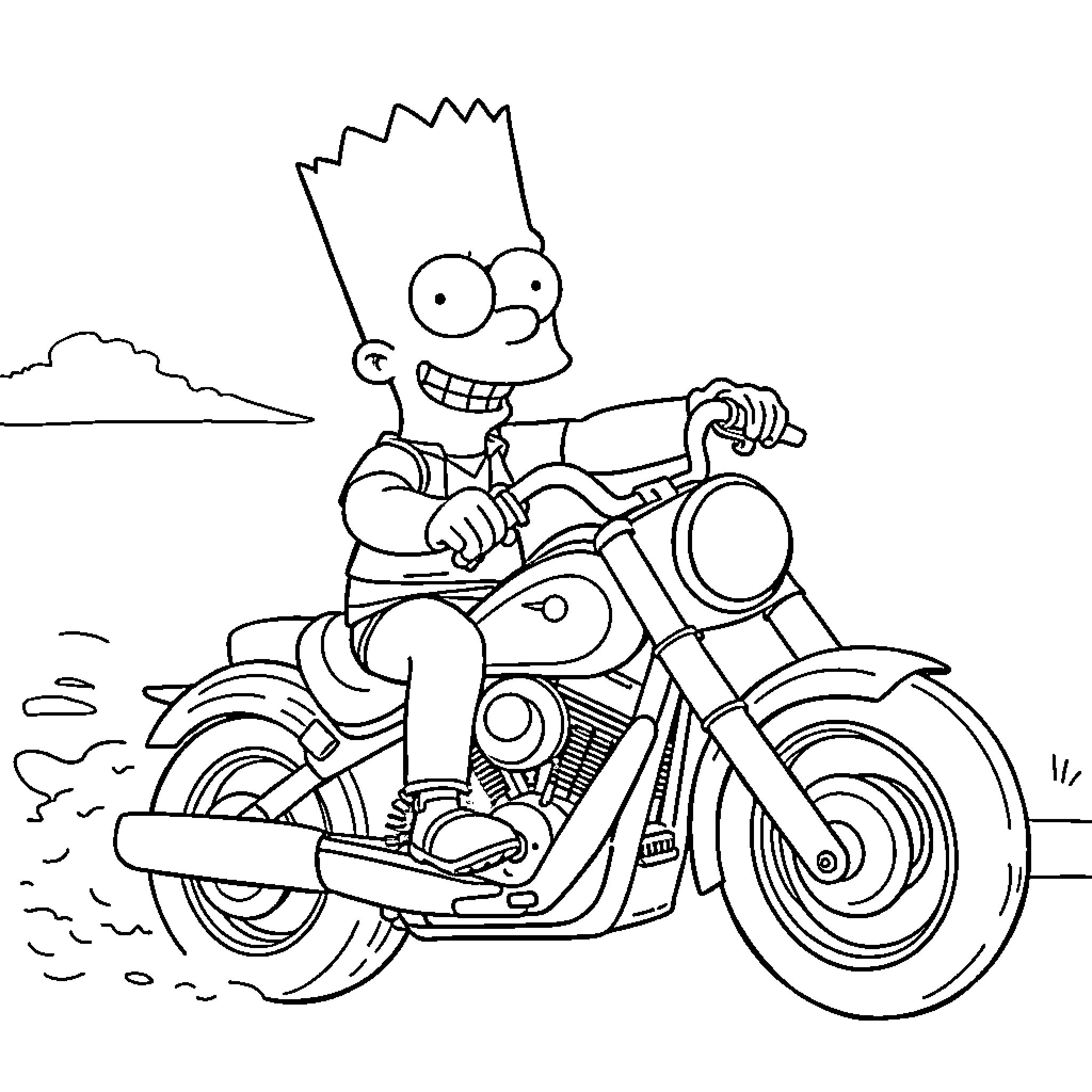 Bart Simpson riding a motorcycle with enthusiasm Coloring Page (free black-and-white line drawing printable PDF for all, from beginners to advanced learners, including children, teens, adults, and seniors)