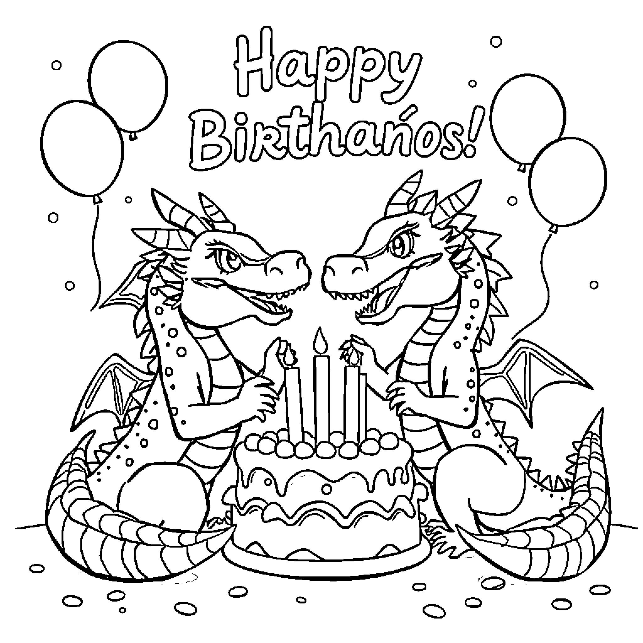 Dragon-Themed Birthday Celebration with Cake and Balloons Coloring Page (free black-and-white line drawing printable PDF for all, from beginners to advanced learners, including children, teens, adults, and seniors)