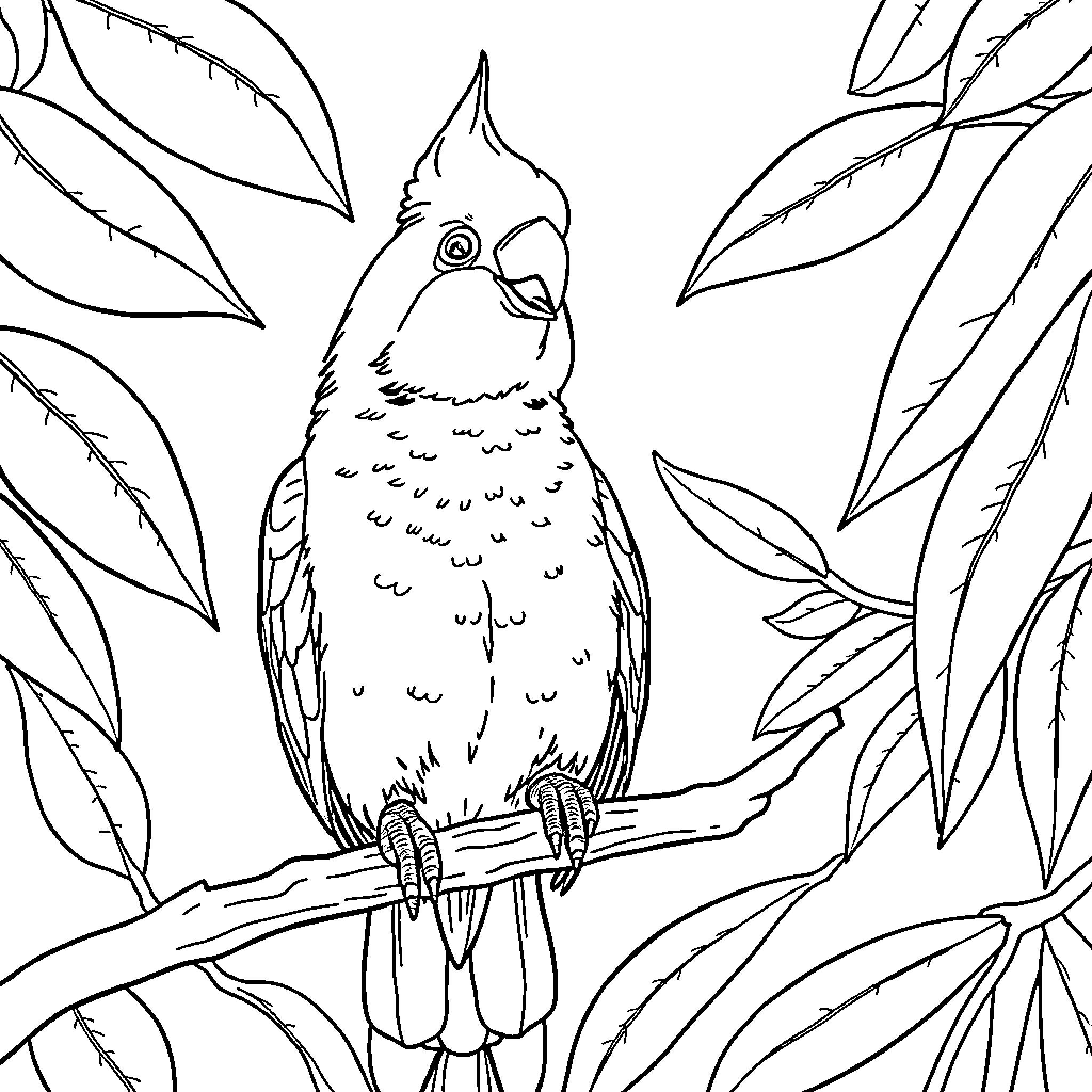 Cockatiel perched among lush foliage Coloring Page (free black-and-white line drawing printable PDF for all, from beginners to advanced learners, including children, teens, adults, and seniors)