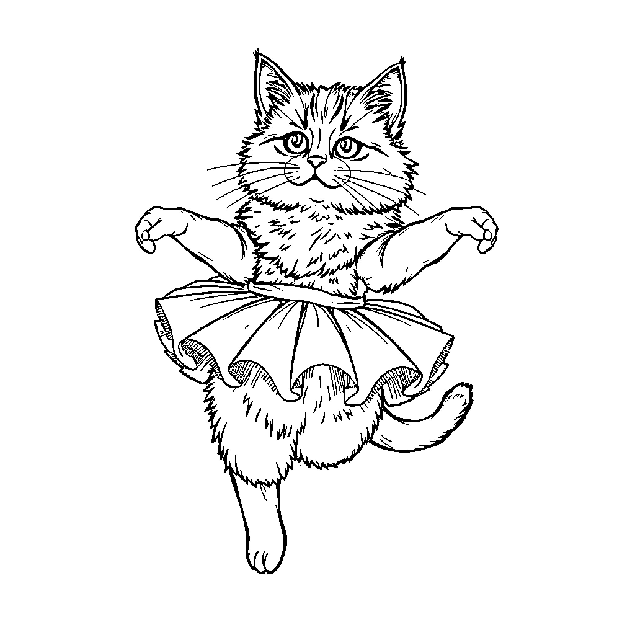 Cat performing in a tutu Coloring Page (free black-and-white line drawing printable PDF for all, from beginners to advanced learners, including children, teens, adults, and seniors)