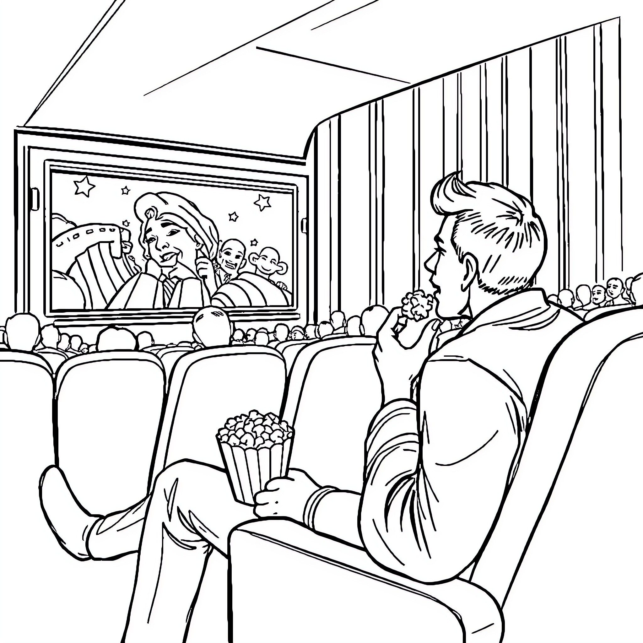 Man watching a movie in a theater Coloring Page (free black-and-white line drawing printable PDF for all, from beginners to advanced learners, including children, teens, adults, and seniors)