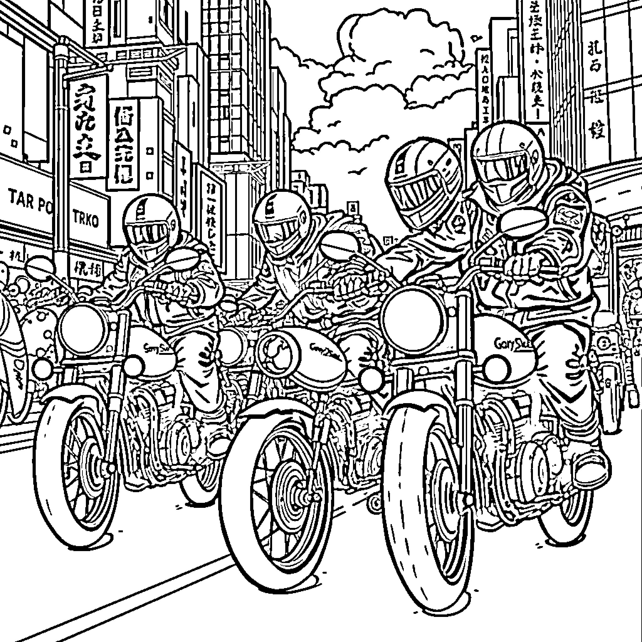 Biker gang riding through the city streets Coloring Page (free black-and-white line drawing printable PDF for all, from beginners to advanced learners, including children, teens, adults, and seniors)