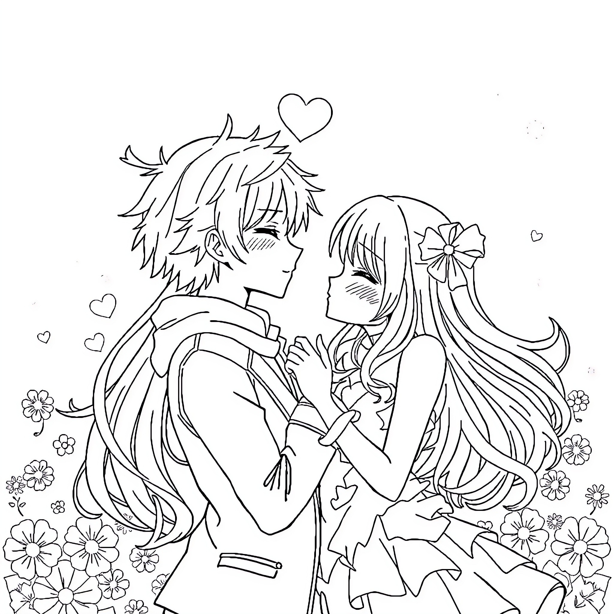 Anime Couple in Affectionate Embrace Coloring Page (free black-and-white line drawing printable PDF for all, from beginners to advanced learners, including children, teens, adults, and seniors)