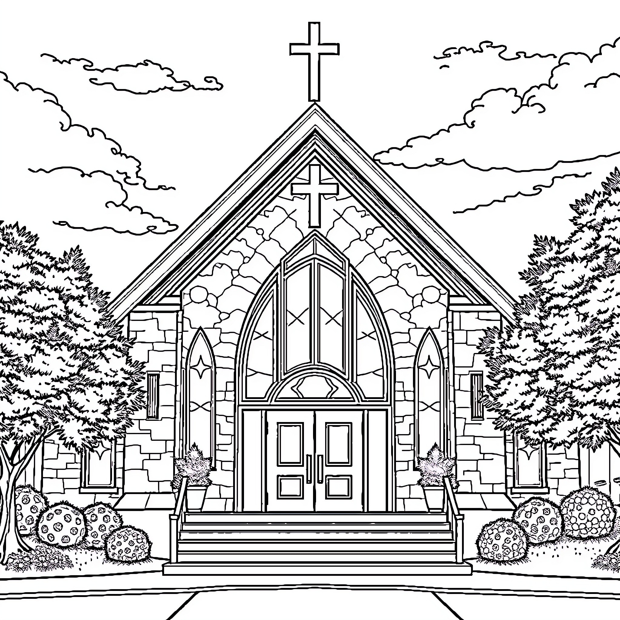 Chapel with Gothic architecture in a forested landscape Coloring Page (free black-and-white line drawing printable PDF for all, from beginners to advanced learners, including children, teens, adults, and seniors)