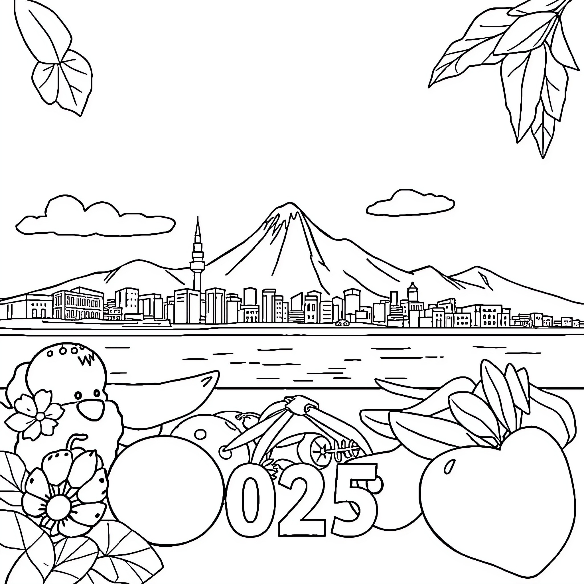 Dieta of a Vibrant City Skyline Coloring Page (free black-and-white line drawing printable PDF for all, from beginners to advanced learners, including children, teens, adults, and seniors)