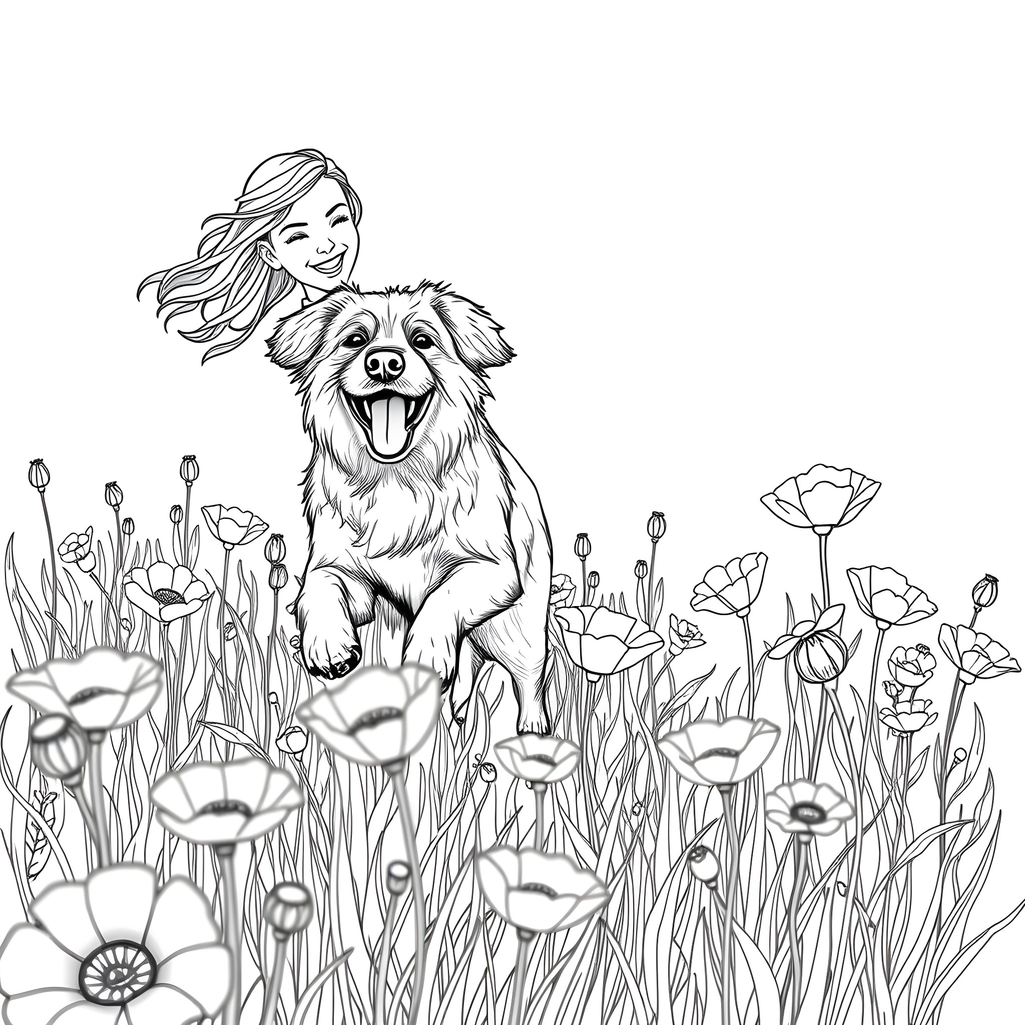 Dog running through a field of flowers Coloring Page (free black-and-white line drawing printable PDF for all, from beginners to advanced learners, including children, teens, adults, and seniors)