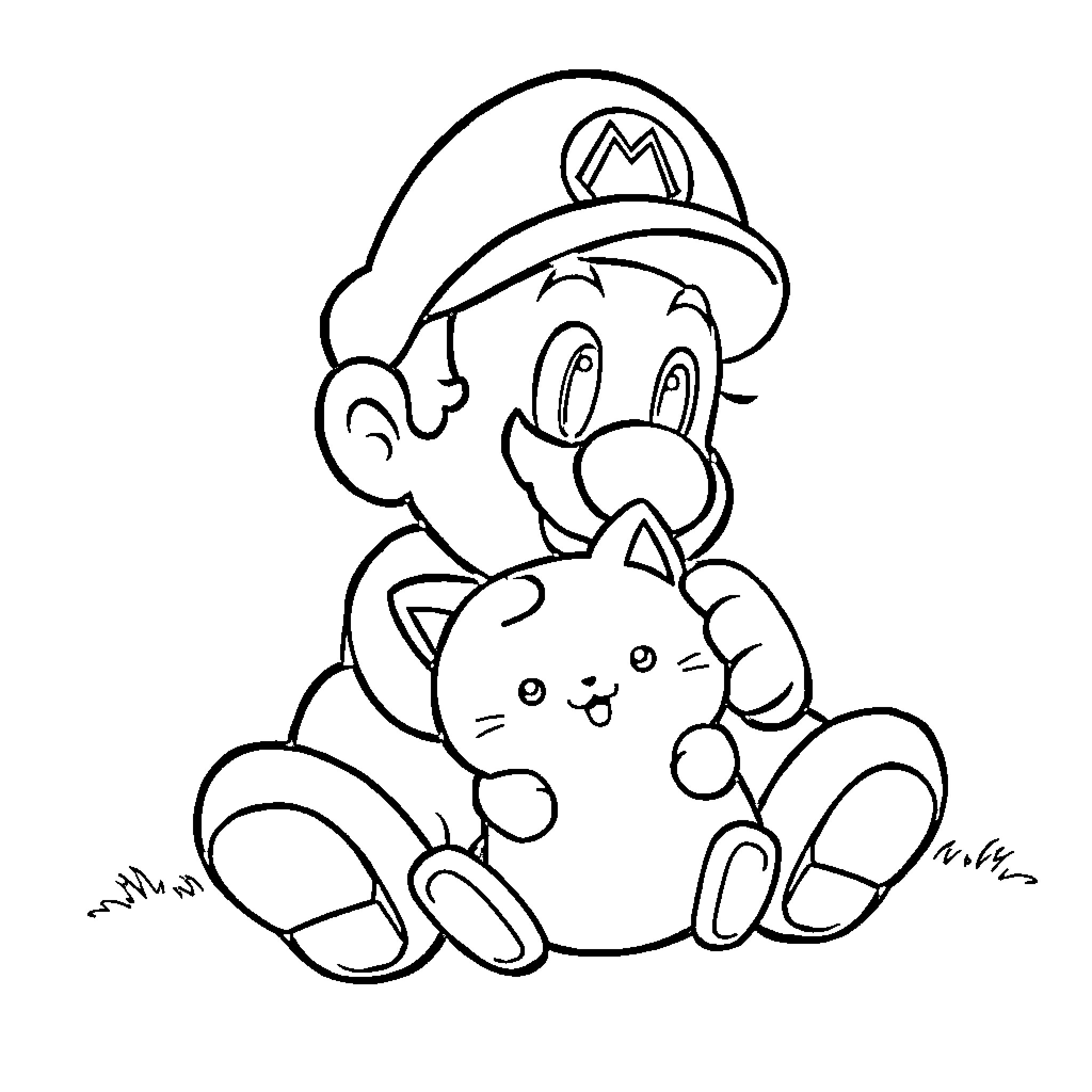 Super Mario Embracing a Cute Plush Toy Coloring Page (free black-and-white line drawing printable PDF for all, from beginners to advanced learners, including children, teens, adults, and seniors)