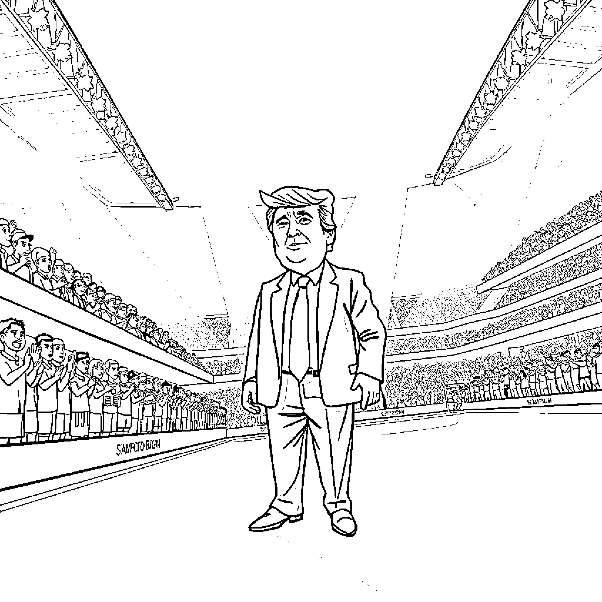 Donald Trump Addressing a Large Crowd in a Stadium Coloring Page (free black-and-white line drawing printable PDF for all, from beginners to advanced learners, including children, teens, adults, and seniors)