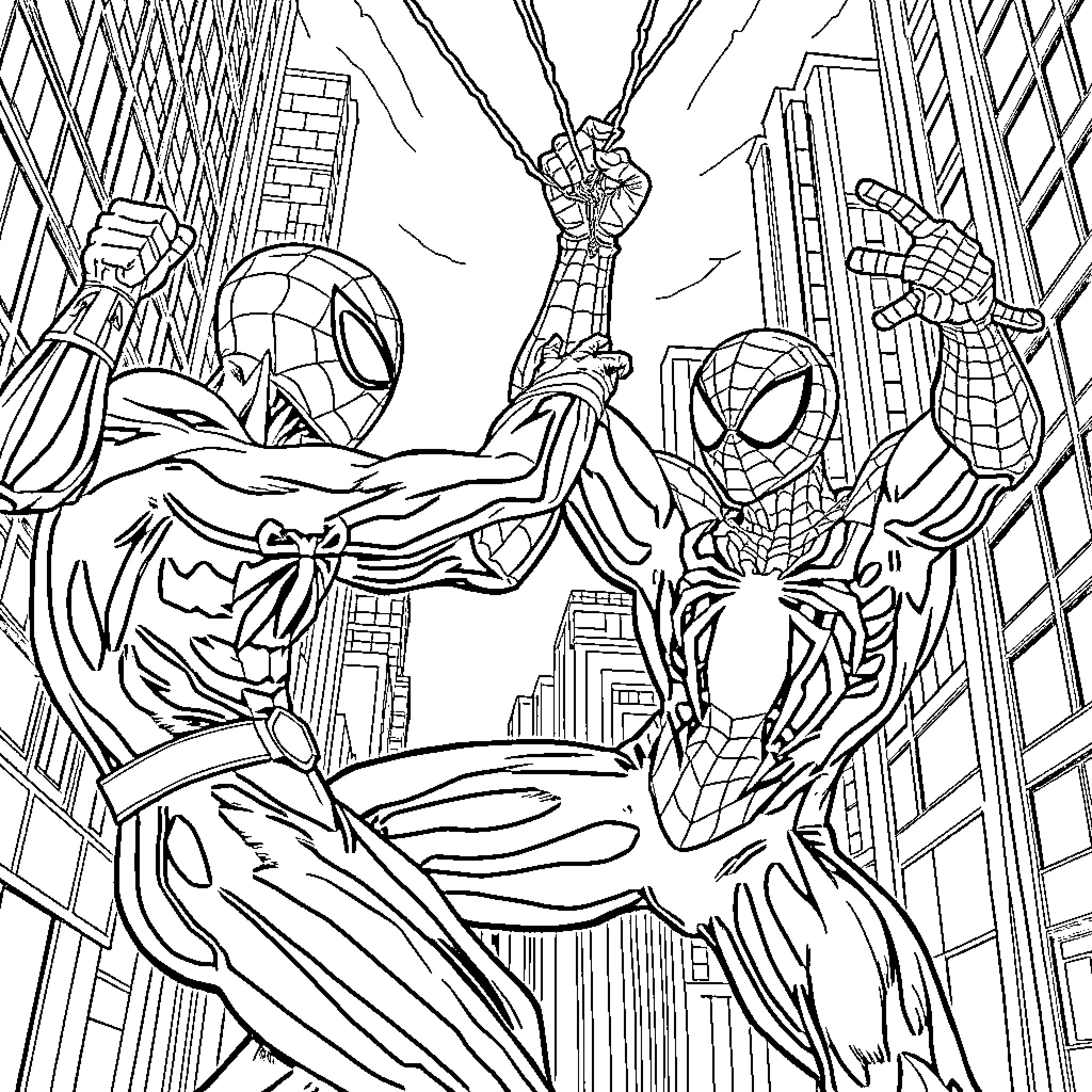 Gojo: Spiderman Vs. Superheroes in Epic City Battle Coloring Page (free black-and-white line drawing printable PDF for all, from beginners to advanced learners, including children, teens, adults, and seniors)