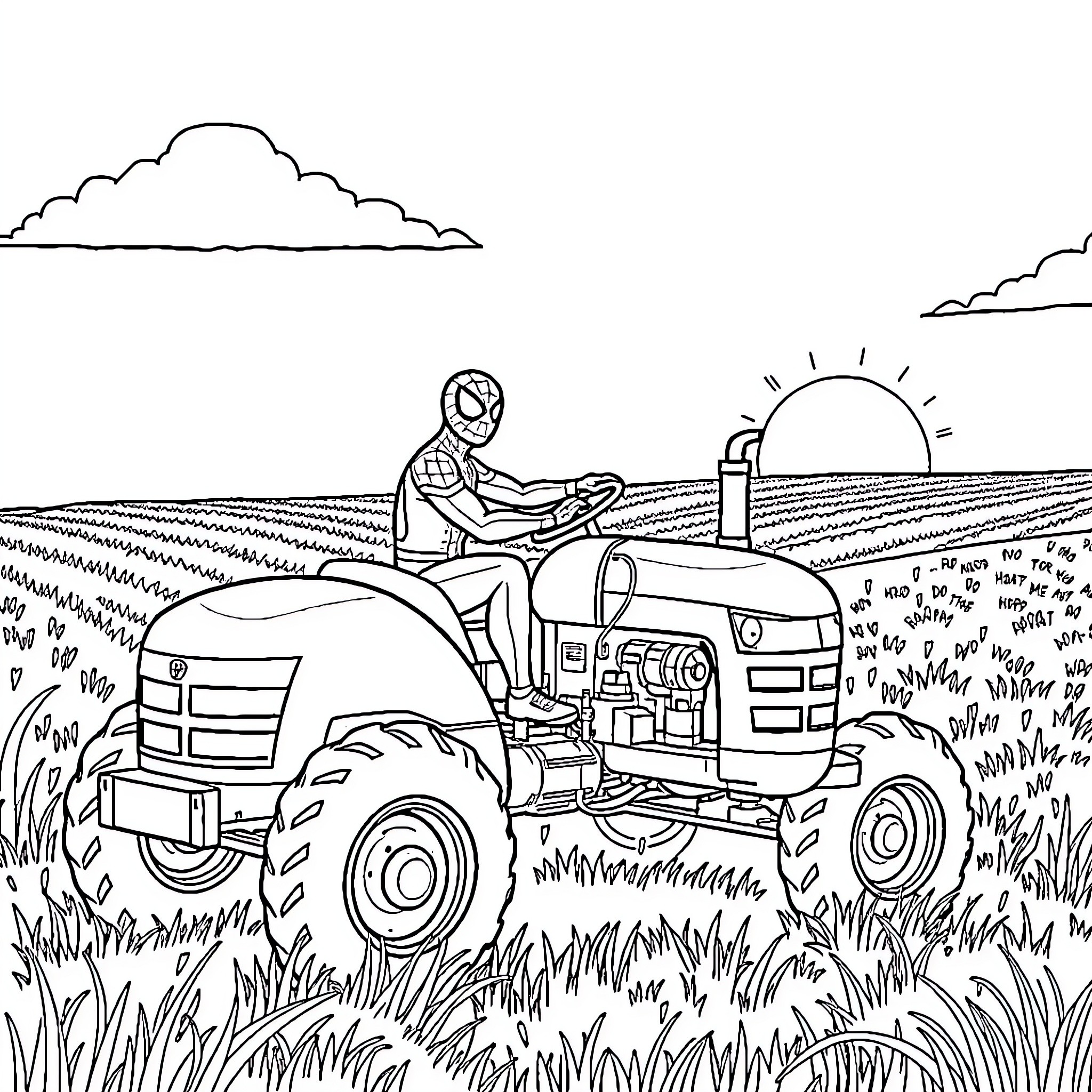 Spiderman driving a tractor in the countryside Coloring Page (free black-and-white line drawing printable PDF for all, from beginners to advanced learners, including children, teens, adults, and seniors)