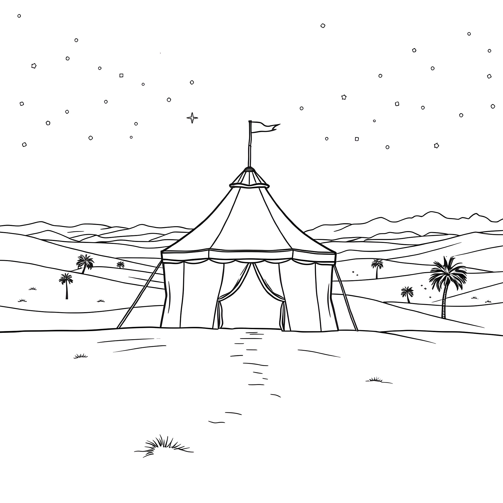 Tent in the desert with waving flag Coloring Page (free black-and-white line drawing printable PDF for all, from beginners to advanced learners, including children, teens, adults, and seniors)
