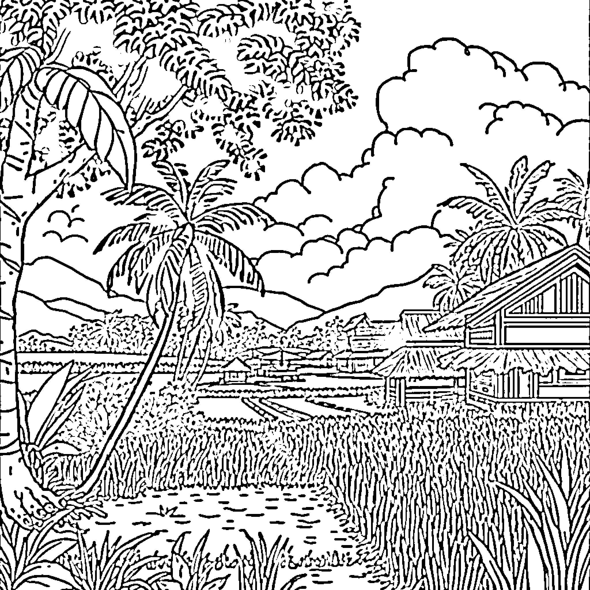 Javanese village landscape with palm trees and huts Coloring Page (free black-and-white line drawing printable PDF for all, from beginners to advanced learners, including children, teens, adults, and seniors)