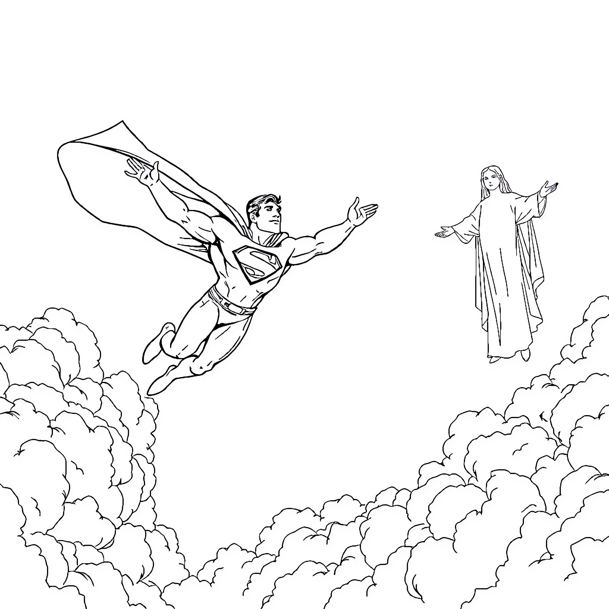 Superman soaring through the sky, heroic figure in the clouds Coloring Page (free black-and-white line drawing printable PDF for all, from beginners to advanced learners, including children, teens, adults, and seniors)