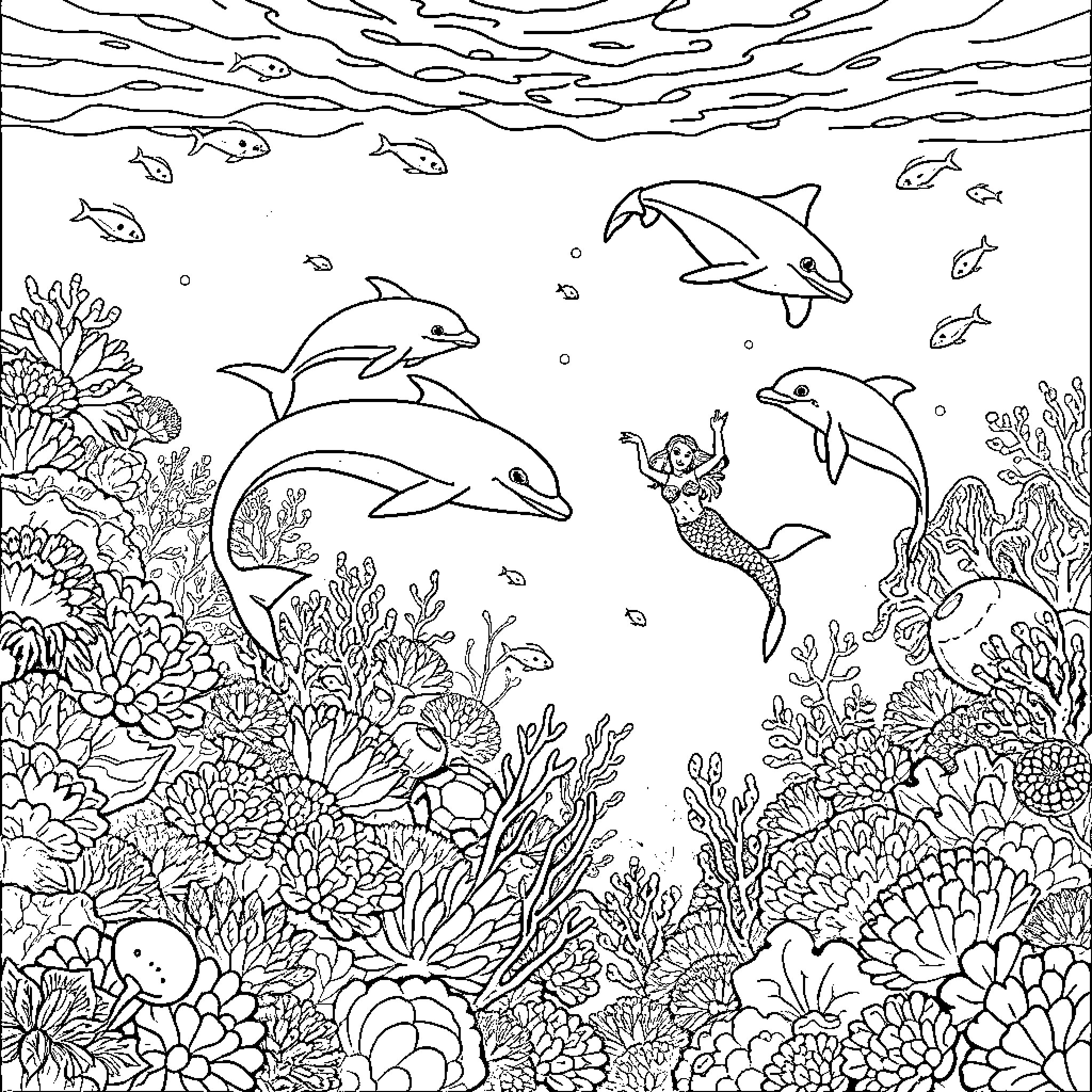 Dolphin swimming playfully with mermaid in vibrant coral reef Coloring Page (free black-and-white line drawing printable PDF for all, from beginners to advanced learners, including children, teens, adults, and seniors)